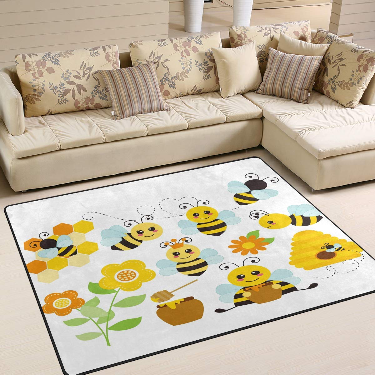 ALAZA Cartoon Honey Bee Sunflower Non-Slip Area Rug 7'x5' - Soft Living Room Bedroom Rug for Kids Playroom, Nursery & Dorm Decor