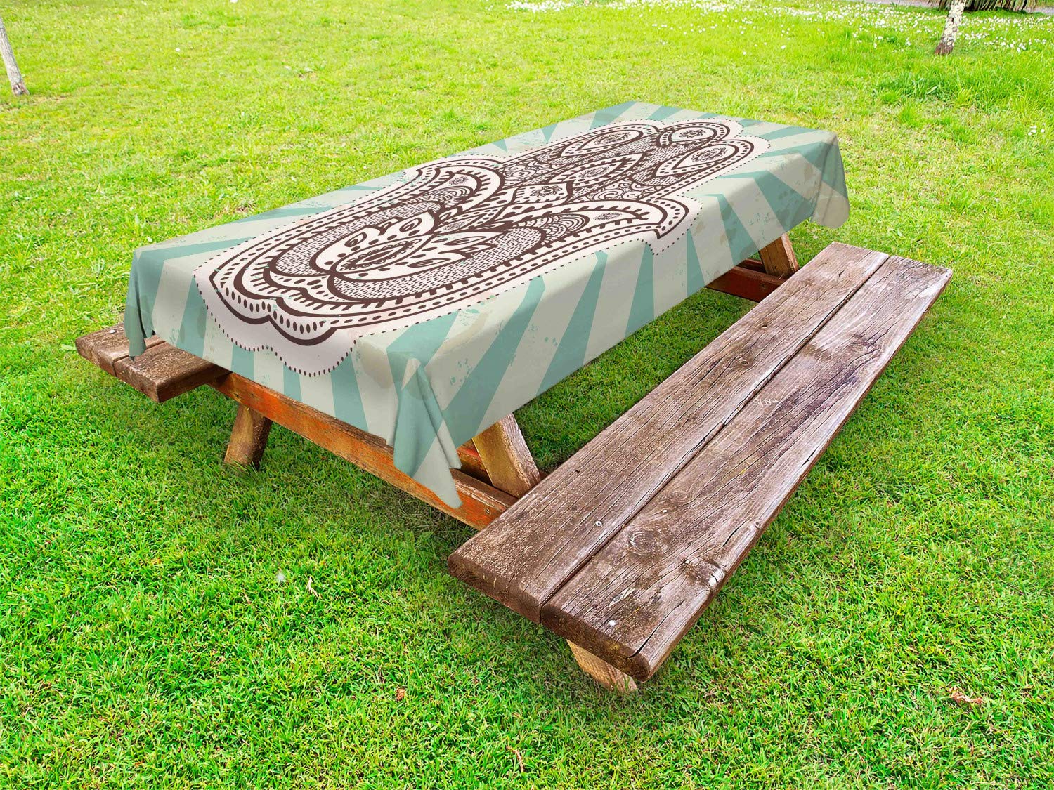 Ambesonne Mandala Outdoor Tablecloth - Oriental Inspired Hand Motif with Stripes & Floral Design | Washable Picnic Table Cover 58