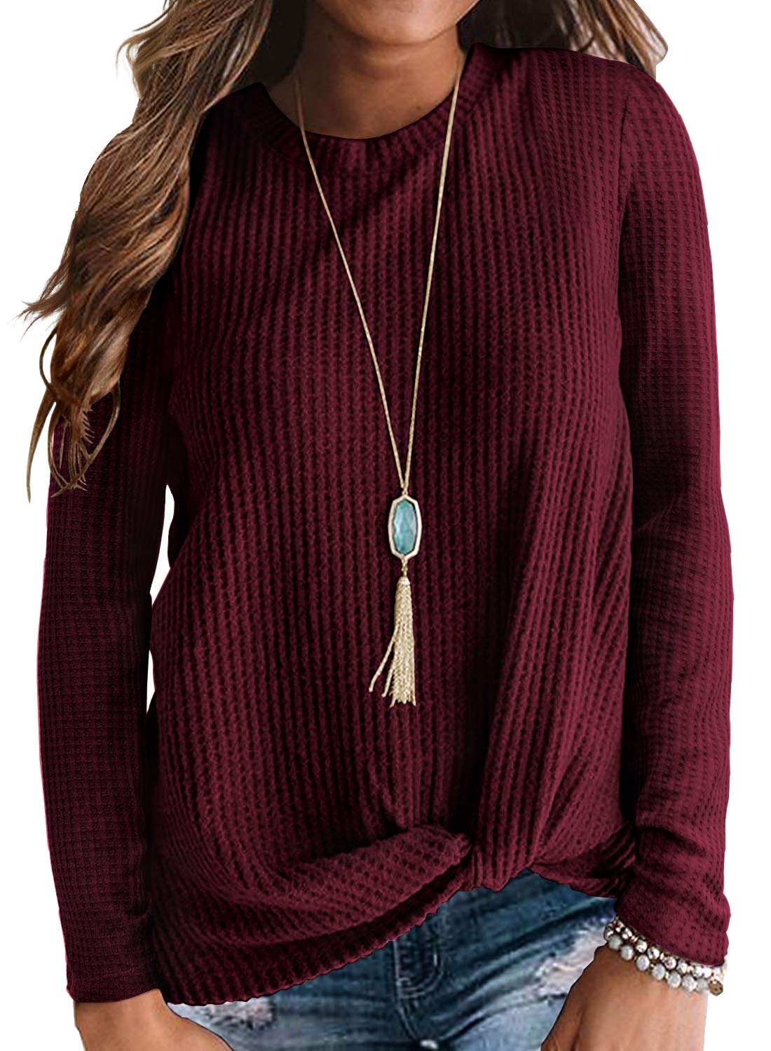 Neineiwu Women's Casual Long Sleeve Twist Knot Waffle Knit Shirt - Loose Cute Blouse for Fall & Winter | Perfect for Office, Date Night and Weekend Outfits