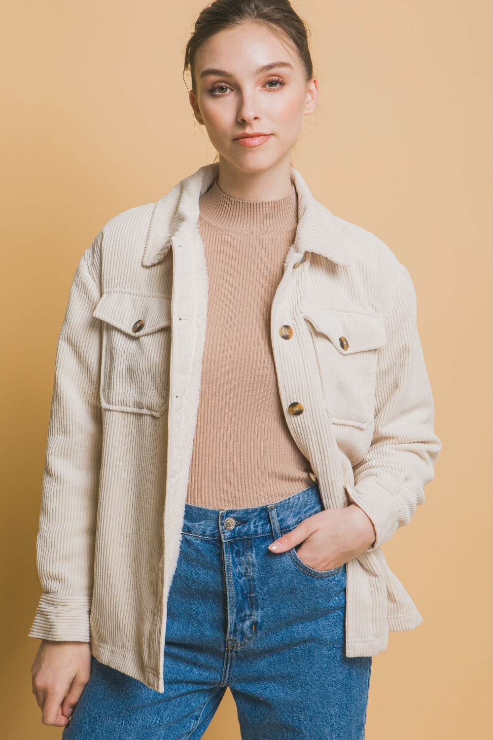 Love Tree Corduroy Button Up Sherpa Lined Jacket for Women - Cozy Winter Fashion, Casual Outfit & Outdoor Activities