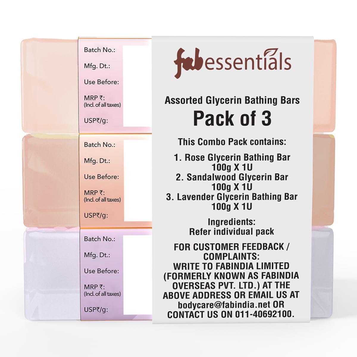Fabessentials Assorted Glycerin Bath Soap Bar Pack of 3 - Rose, Sandalwood & Lavender Scent - 100g Each | Moisturizing Glycerine Soap for Women & Men | Nourishing Skin Care for Soft, Glowing Skin | Perfect for Daily Bathing, Spa Days & Gift Sets