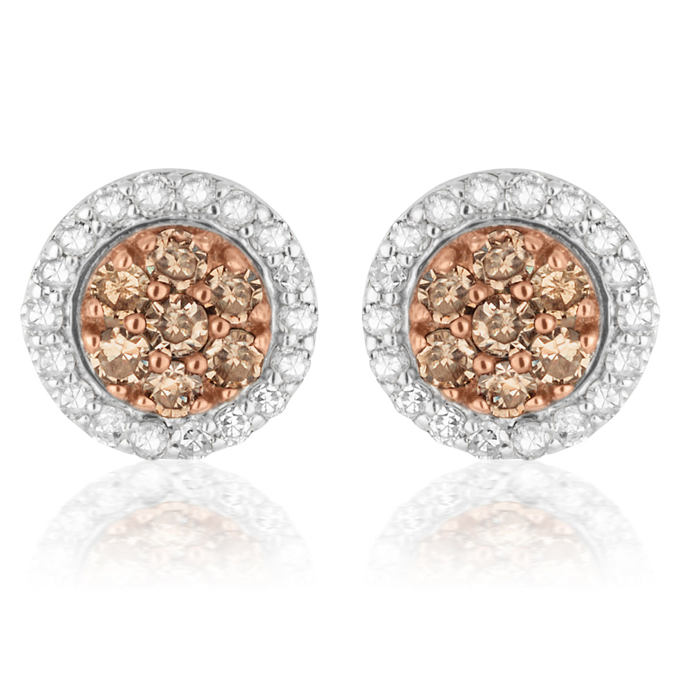 3/4 Carat Champagne, Black & White Diamond Stud Earrings with Removable Halo - Elegant Wedding, Anniversary & Special Occasion Jewelry Gift