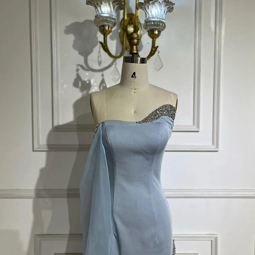 Elegant Blue Satin Mermaid Evening Dress with Beaded Cape Sleeve & High Slit - One Shoulder Party Gown for Women | Perfect for Prom, Gala & Formal Events - SERENE HILL LA72504