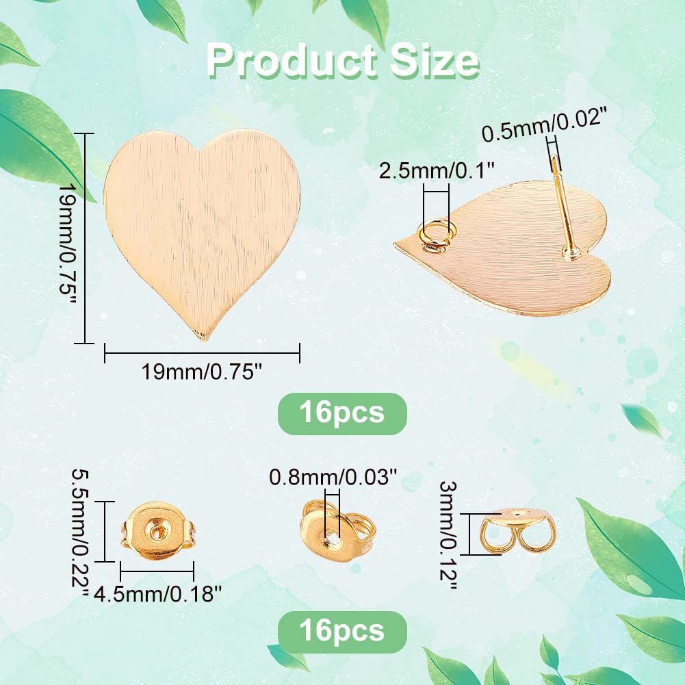 DICOSMETIC 16Pcs Heart Stud Earring Findings - Gold Plated Brass Love Ear Studs with 2.5mm Loop & Ear Nuts (0.5mm Pin) for DIY Jewelry Making, Christmas Gifts, Birthday Presents, Valentine's Day, Party Favors
