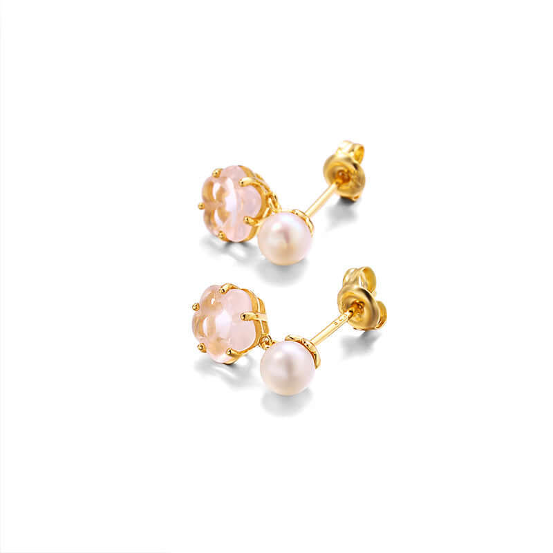 925 Sterling Silver Flower Rose Quartz Pearl Drop Earrings for Women | Elegant Dangle Jewelry Gift for Valentine's Day, Anniversary & Special Occasions | TB1459
