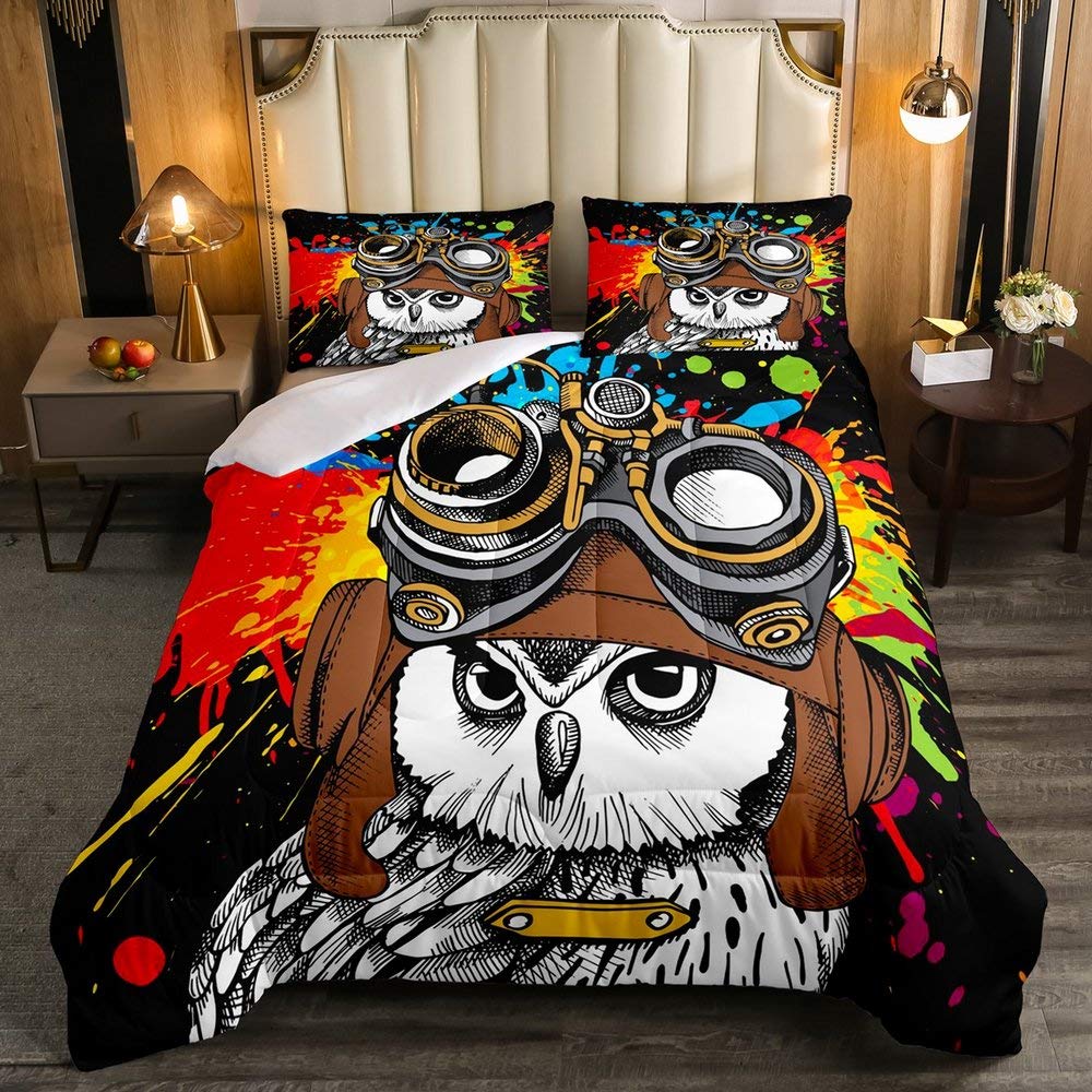 Erosebridal Queen Size Owl Comforter Set - Tie Dye Cartoon Owl Duvet Cover with Farm Animal Print, Colorful Bird Quilt Set for Kids, Boys & Girls Bedroom - Perfect for Nursery, Teen Room & Farmhouse Decor