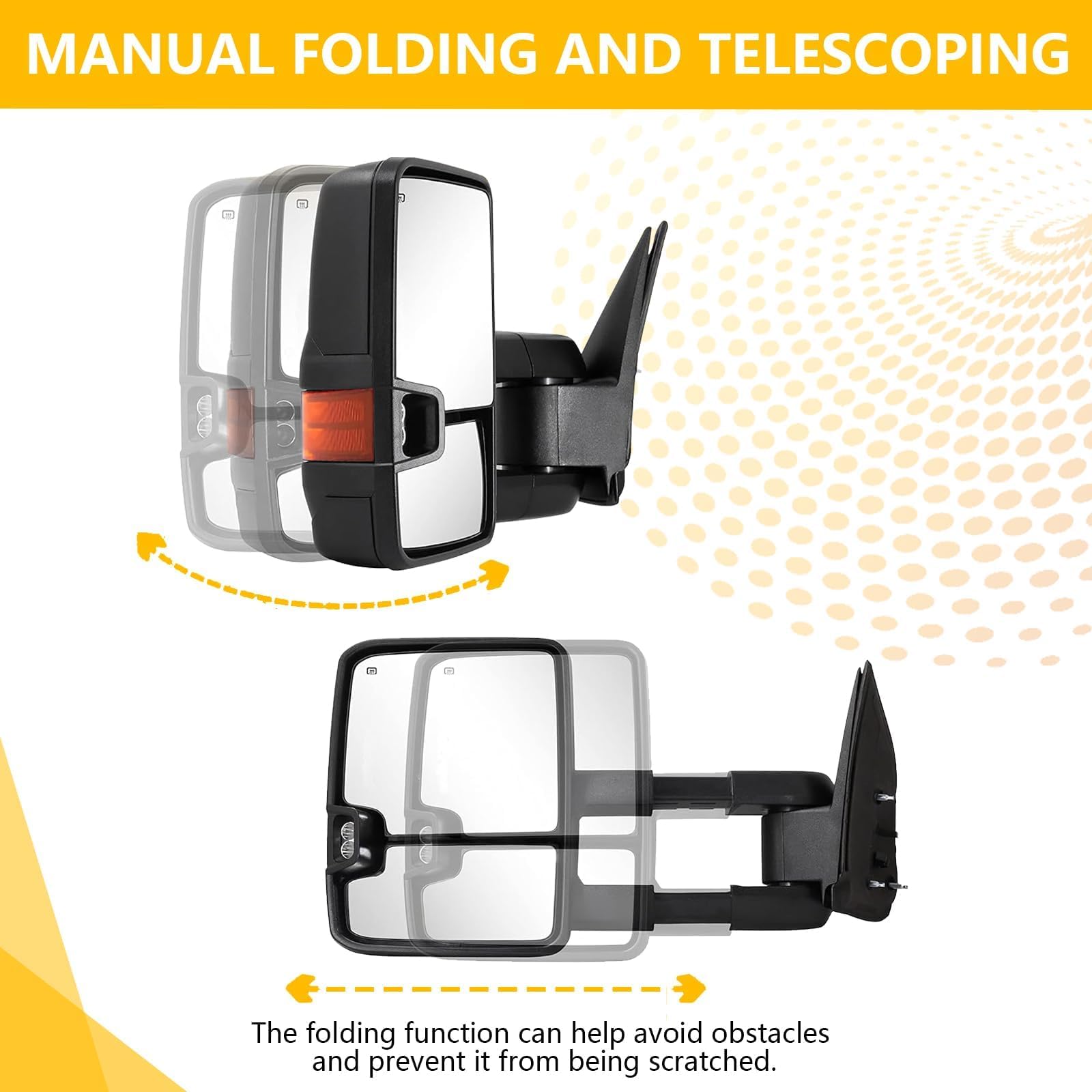 Heavy Duty Towing Mirrors for 1999-2002 Chevy Silverado Avalanche Tahoe & GMC Sierra Yukon XL 1500/2500/3500 HD - Power Heated with Amber Turn Signal & Clearance Lamps (Black Pair) - Perfect for Towing Trailers, Boats & RVs