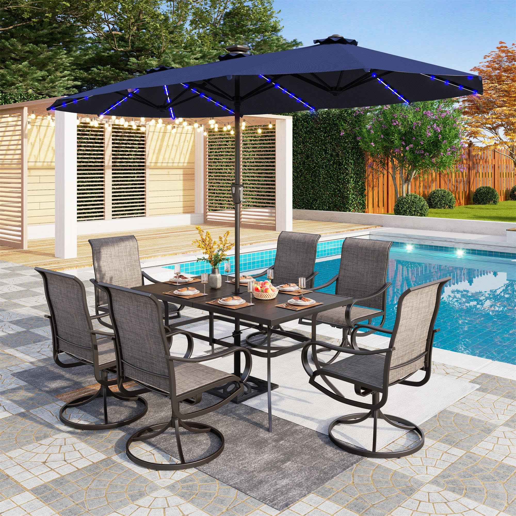 PHI VILLA 13ft Large Outdoor Patio Umbrella with 120 Solar LED Lights - Double-Sided Rectangle Market Umbrella for Deck, Garden, Poolside (Navy Blue, Base Not Included) | Perfect for Backyard, BBQ, and Outdoor Dining