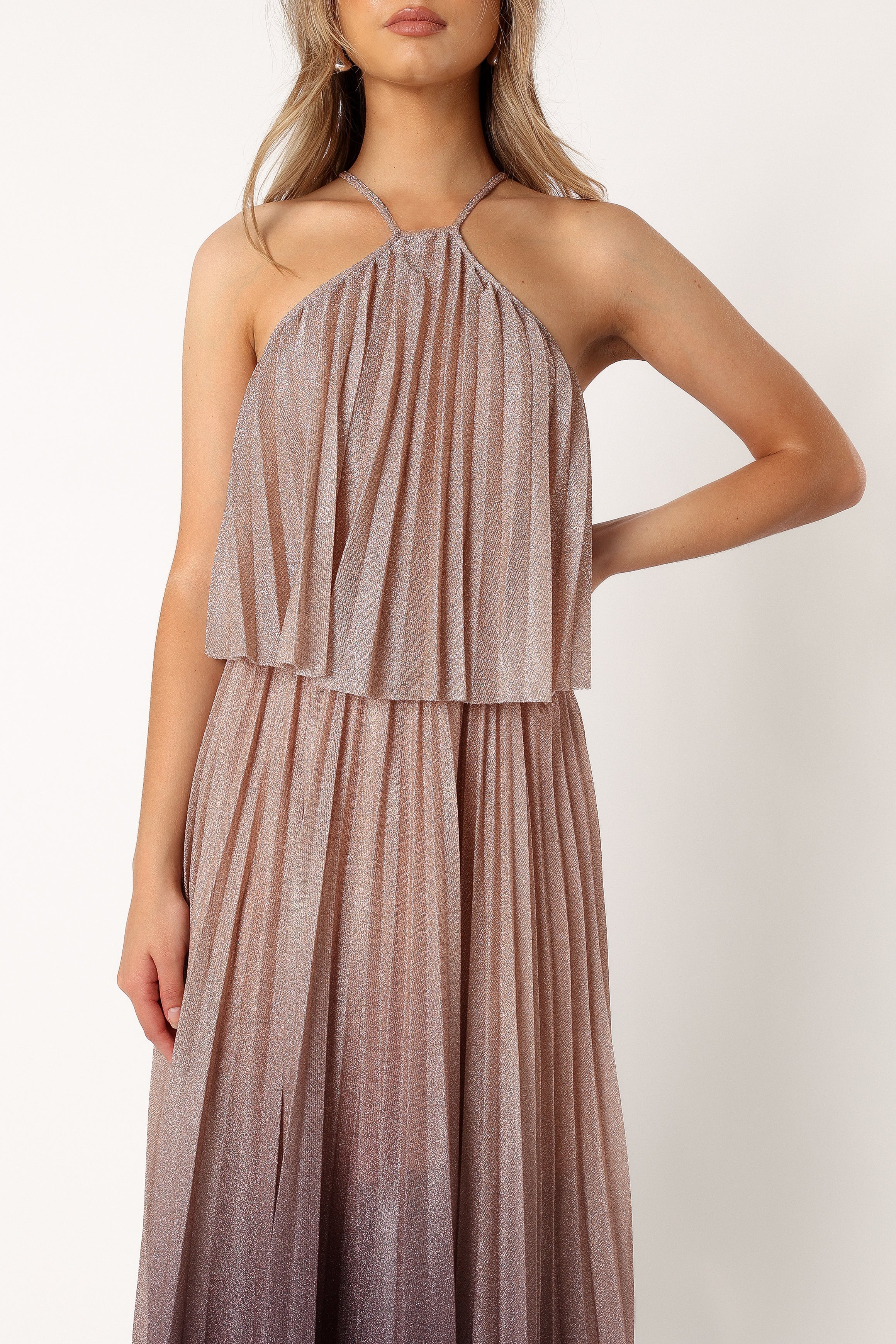 Elegant Gia Pleated Halterneck Maxi Dress in Gold & Purple - Perfect for Weddings, Parties & Summer Vacations