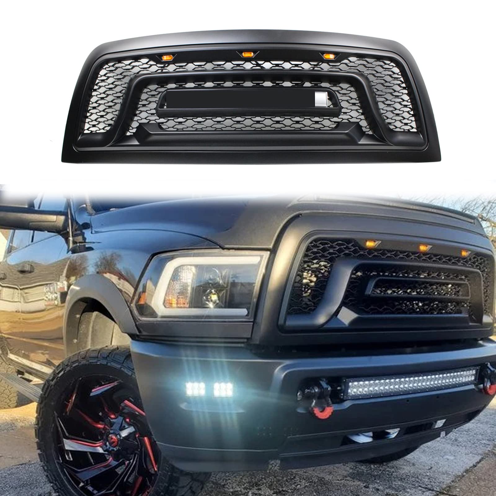 Rebel Style Front Replacement Grille for Ram 2500/3500 (2010-2018) | Matte Black Truck Grill with Amber LED Lights | Excludes Chrome Letter Rebel Model | Upgrade Your Pickup's Appearance for Off-Road & Street Driving