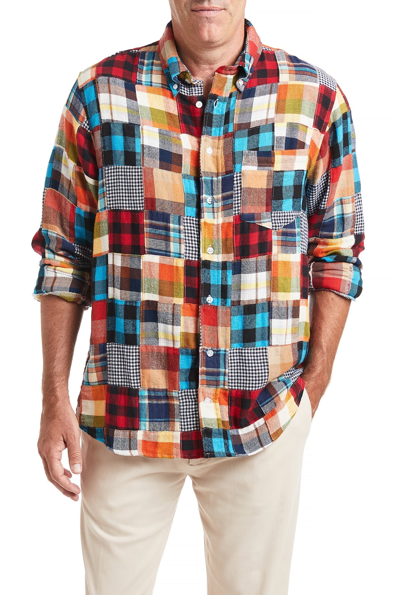 Chase Shirt Harvest Patch Madras Plaid Button Down - Casual Summer Shirt for Men, Perfect for Outdoor Activities & Beach Vacations