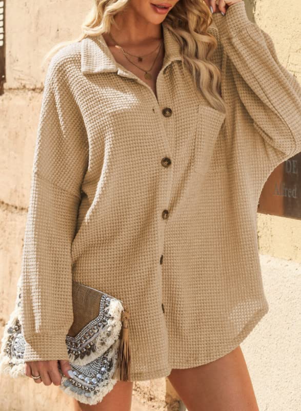 Dokotoo Women's Waffle Knit Shacket Jacket - Casual Long Sleeve Button Down Shirt Blouse for Fall & Winter | Office Wear, Date Night, Layering Outfits