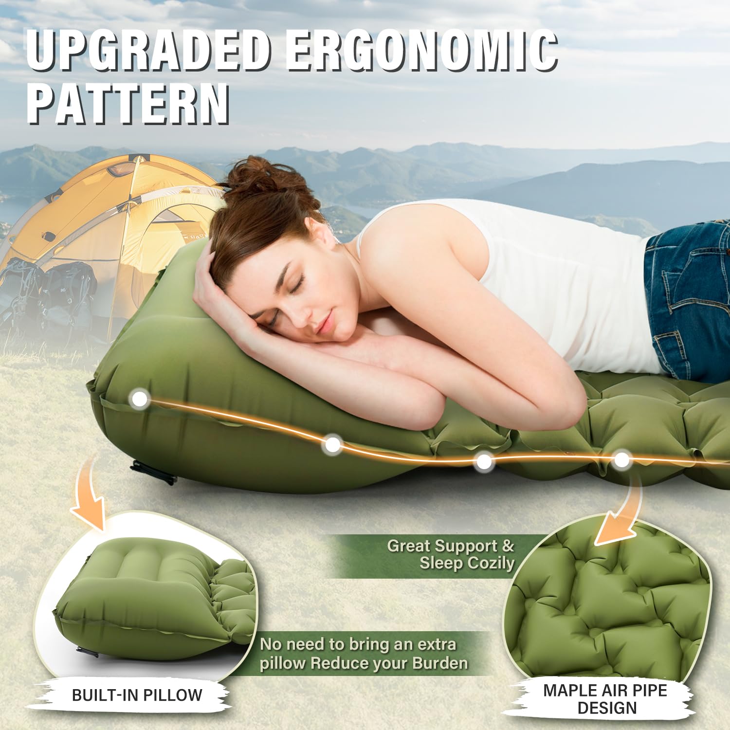 Ultralight 50D Inflatable Camping Mat with Pillow - Waterproof Sleeping Pad for Hiking, Backpacking & Travel