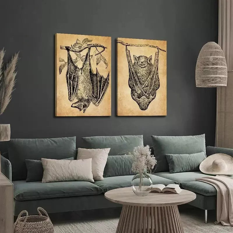 2-Piece Antique Gothic Retro Bat Canvas Wall Art Set - 50x75cm High-Quality Framed Print, 100% Australian Made, Ready to Hang - Perfect for Halloween Decor, Gothic Home Decor & Vampire Themed Rooms