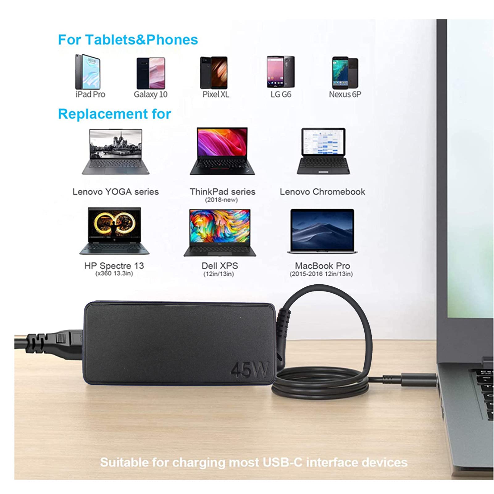 Vinpera 45W USB-C Laptop Charger for Lenovo Chromebook 100e/300e/500e/C330/C340/S340/Yoga S730/ThinkPad T480/T580 | Fast Charging AC Adapter Power Cord | Perfect for Home, Office & Travel Use
