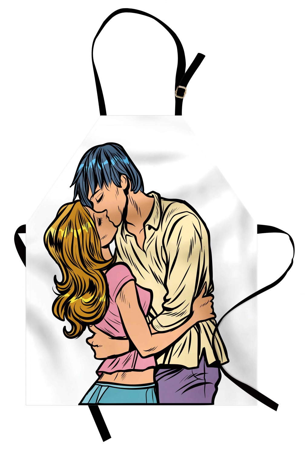 Ambesonne Kissing Apron - Valentine's Day Themed Unisex Kitchen Apron with Adjustable Neck, Comic Book Style Couple Illustration - Perfect for Cooking, Baking, Gardening & Romantic Date Nights at Home