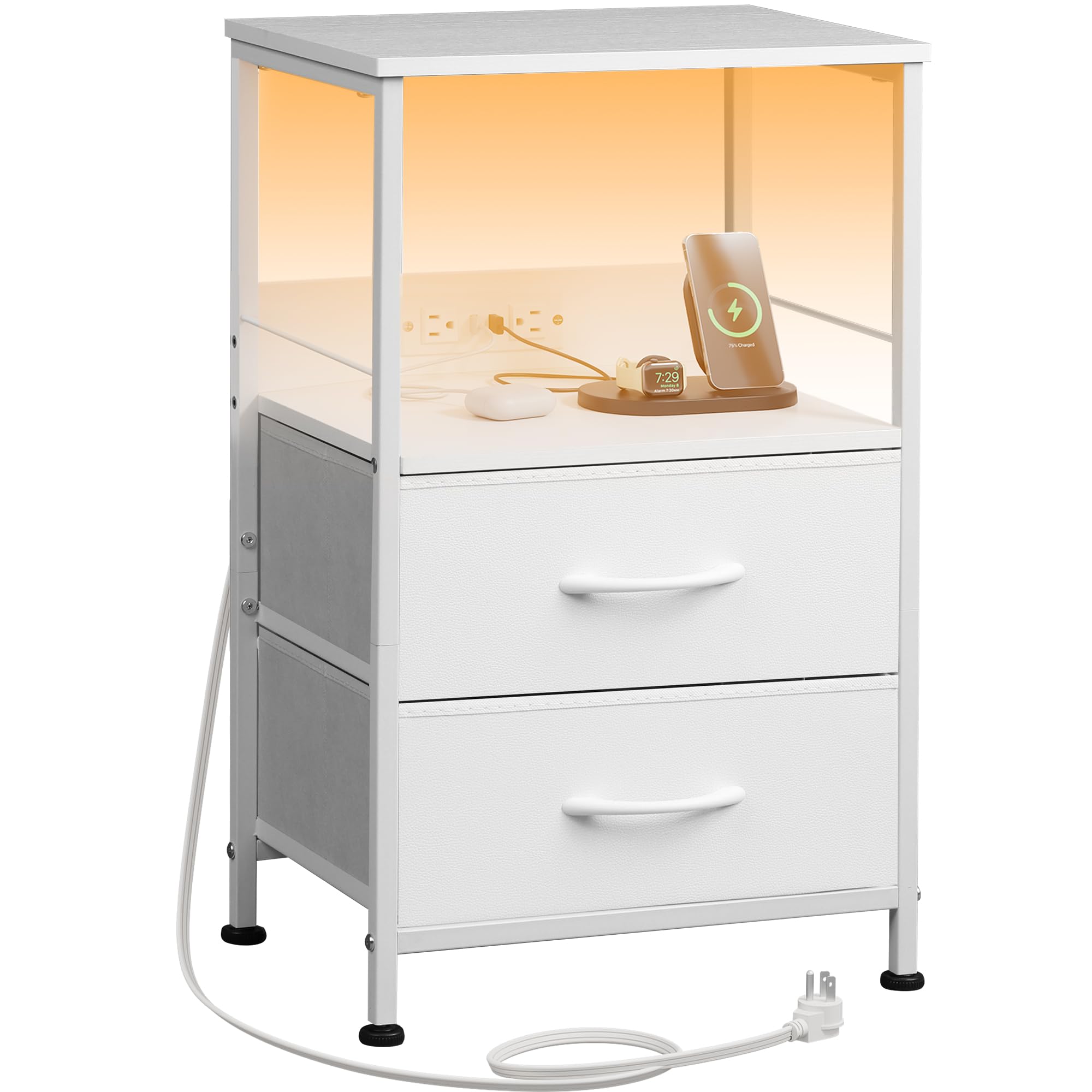 WLIVE White Night Stand with Charger Station - LED Nightstand with 2 Fabric Drawers & Storage Shelf - Bedside Table with 3 USB Ports & 2 Outlets - Small Dresser for Bedroom - Perfect for Charging Devices & Organizing Essentials in Modern Bedrooms