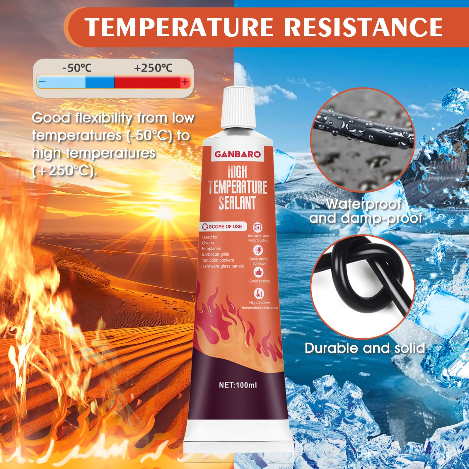 Ganbaro® 482°F High Temperature Silicone Sealant - Heat Resistant Adhesive Glue for Oven, Grill, Microwave - Fast Drying Waterproof Sealant with Brush (100ml, Black) - Perfect for DIY Repairs, Home Appliances & High Heat Applications