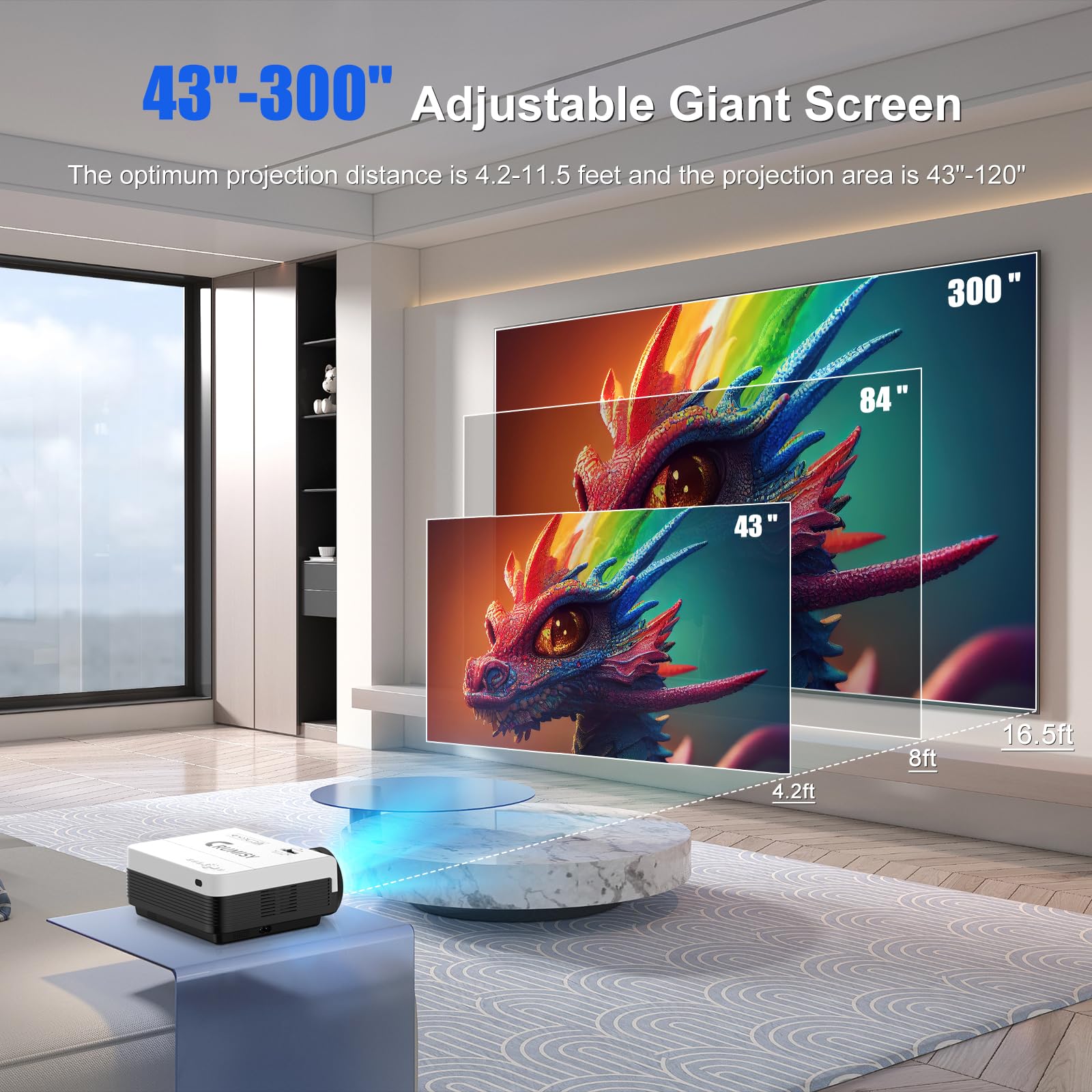 Mini Projector with WiFi & Bluetooth - 1080P HD Outdoor Movie Projector, 400ANSI Lumens, 4K Decoding, 50%-100% Zoom, 300