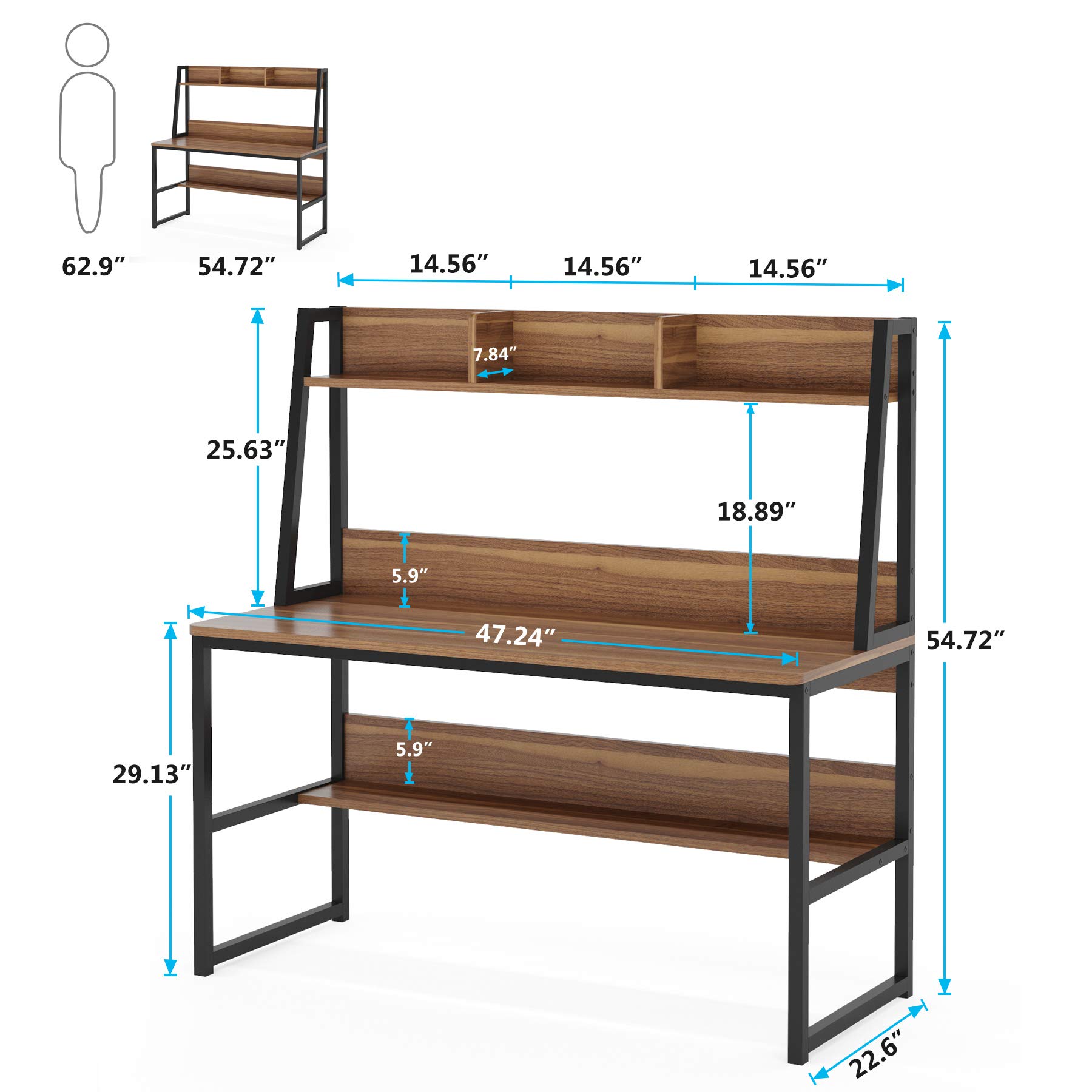 Tribesigns 47 Inch Modern Computer Desk with Hutch & Bookshelf - Sturdy Home Office Desk, Study Writing Table in Dark Walnut - Perfect for Remote Work, Gaming & Small Space Home Offices