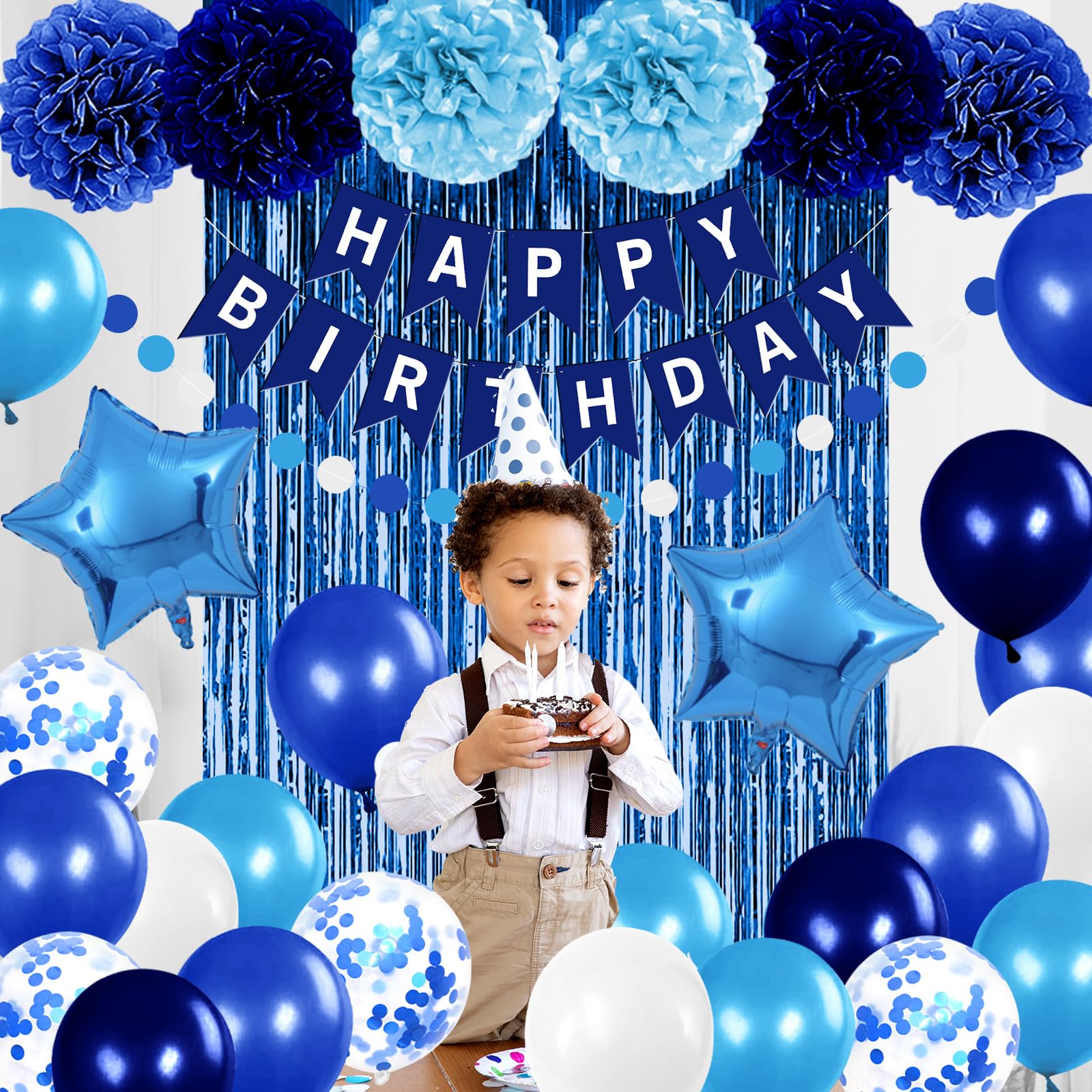 Royal Blue Birthday Party Decorations Set - Happy Birthday Banner, Balloons, Pom Poms & Foil Curtains for Boys, Men & Baby Showers | Perfect for Navy Themed Parties, Baby Boy Celebrations & Gender Reveal Events