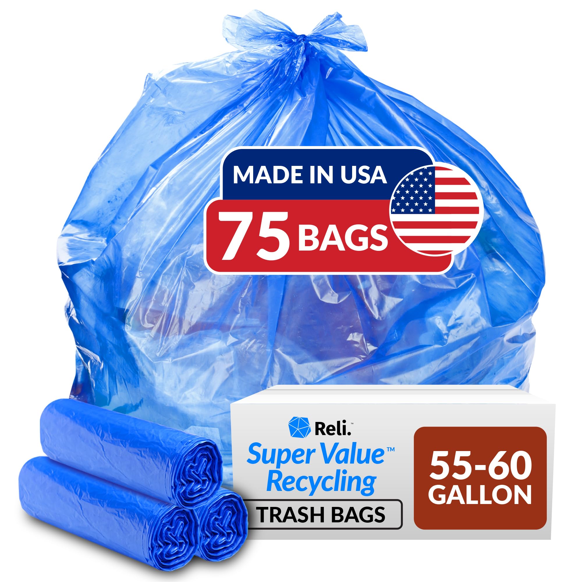 Reliable SuperValue 55-60 Gallon Heavy Duty Recycling Bags | 75 Count | Blue Trash Bags | Made in USA | Perfect for Home, Office & Commercial Waste Disposal