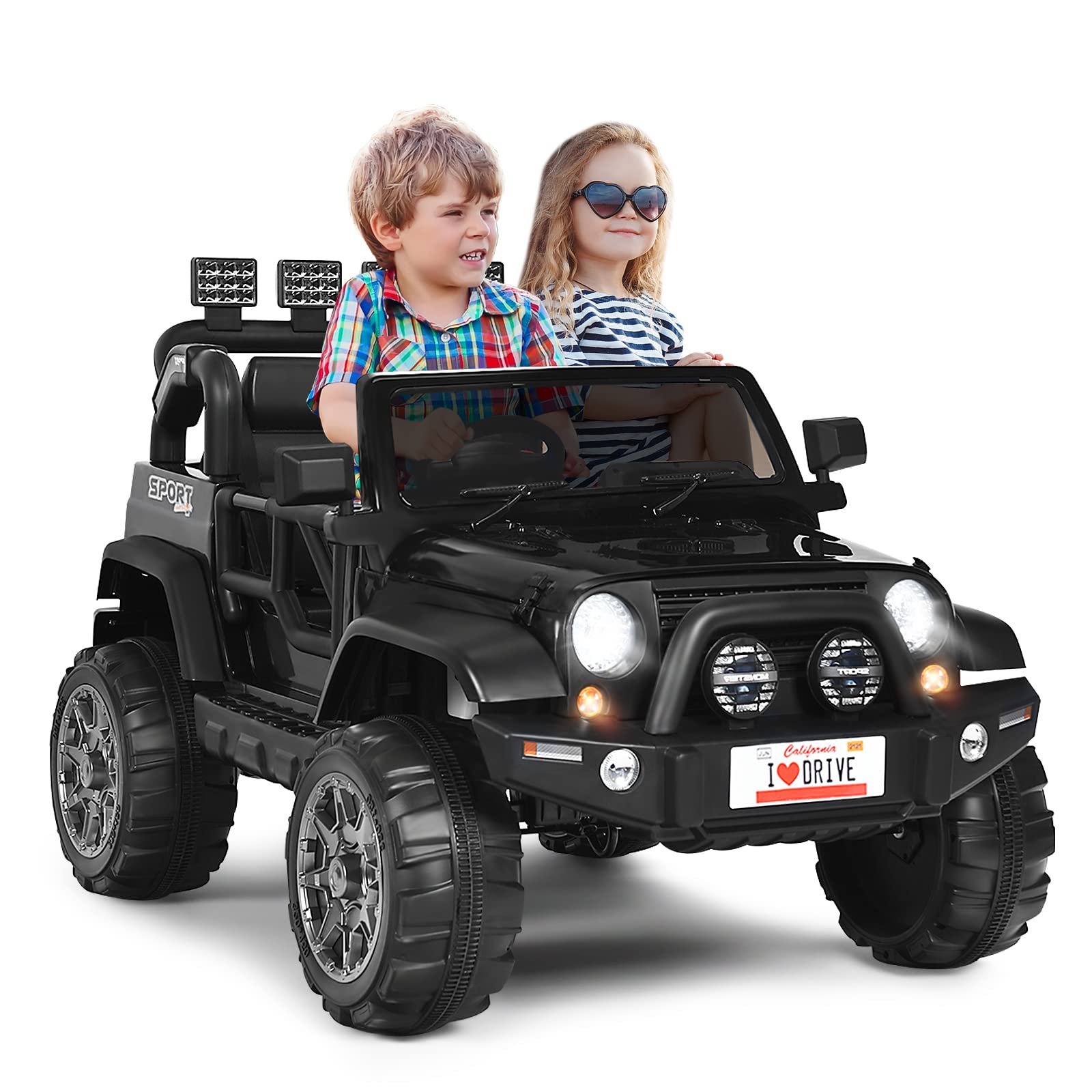 OLAKIDS 12V Battery Powered Electric Ride On Truck for Kids - 2 Seat Toddler Toy Car with Parental Remote Control, Double Doors, 4 Wheels, Music, Horn, 3 Speed Settings & LED Lights - Perfect for Indoor & Outdoor Play, Birthday Gifts & Family Fun (Black)