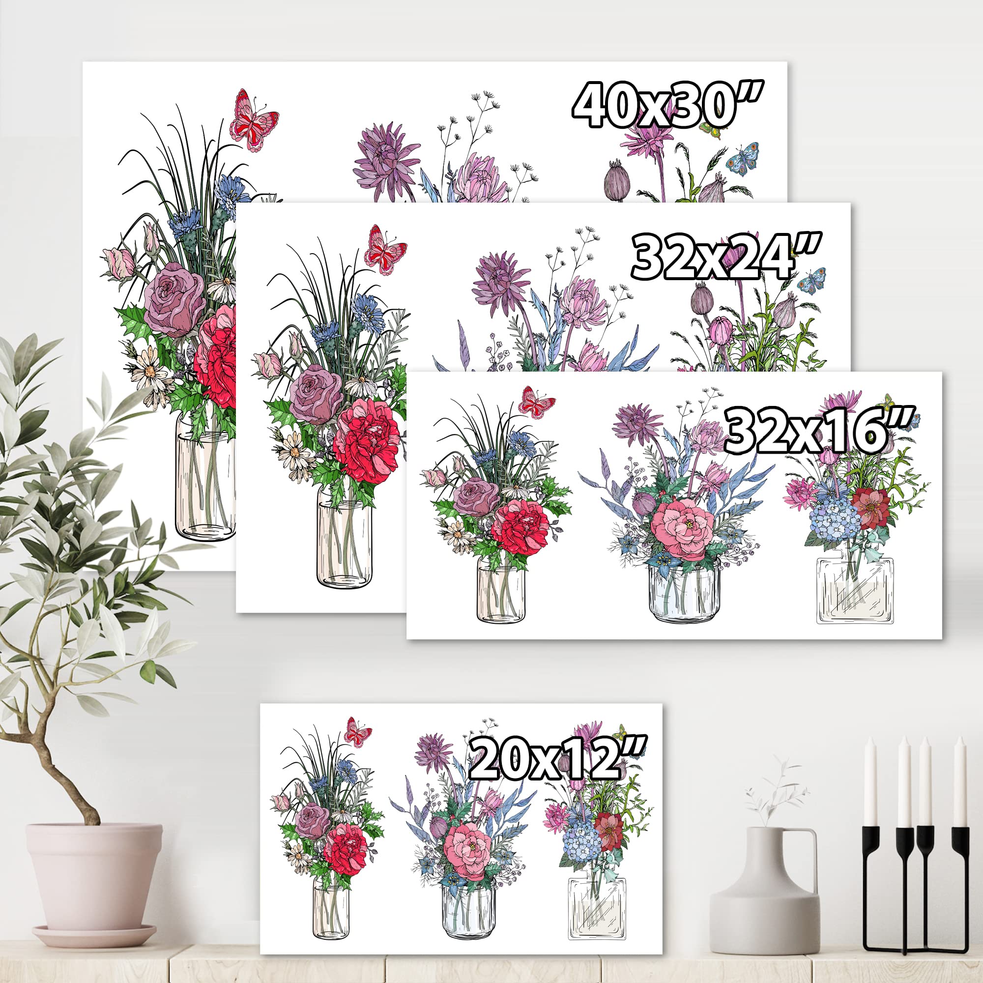 Farmhouse Wildflower Bouquets in Transparent Vases Canvas Wall Art - Perfect for Living Room, Bedroom & Office Decor