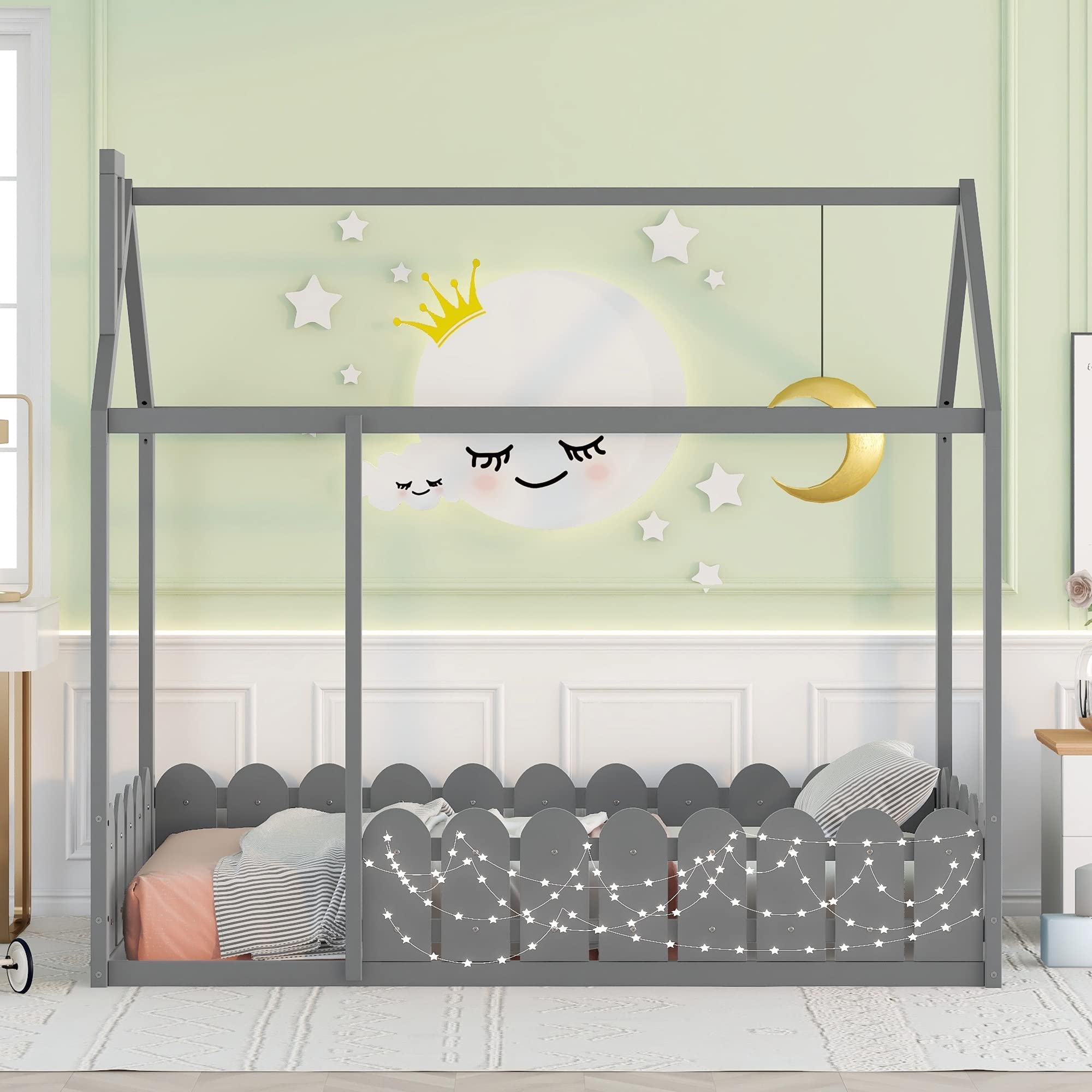 Harper & Bright Designs Twin House Bed Frame for Kids - Wooden Montessori Floor Bed with Fence-Shaped Guardrails - Toddler Bed for Boys & Girls in Grey - Perfect for Montessori Rooms, Kids Bedrooms & Safe Sleep Spaces