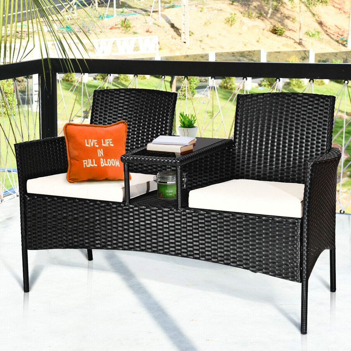 RELAX4LIFE Outdoor Rattan Wicker Conversation Set with Coffee Table & 2 Removable Cushion Chairs - Patio, Garden, Balcony Furniture for Relaxing - Loveseat in Black & Beige - Perfect for Backyard, Porch or Poolside Lounging