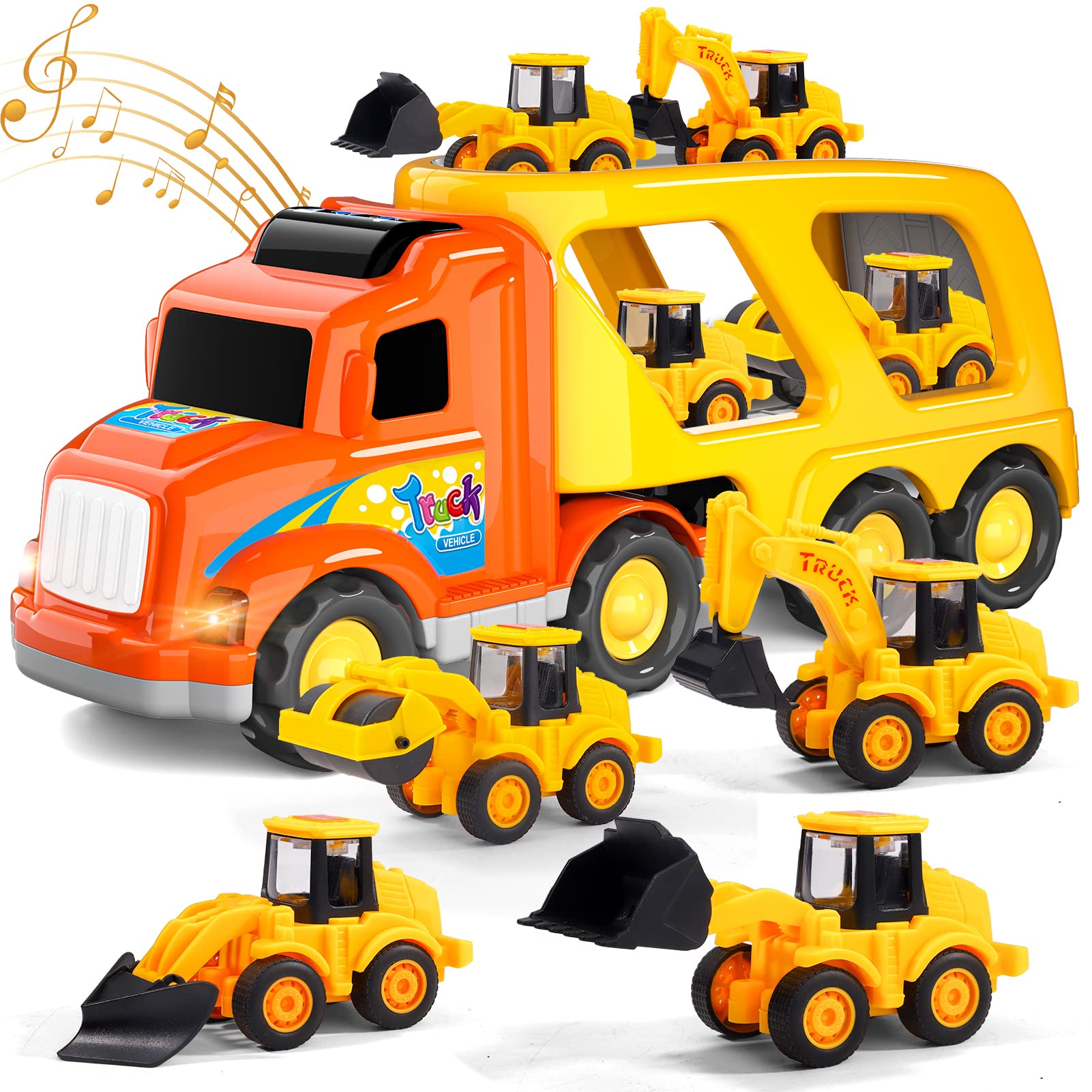 iHaHa 5-in-1 Construction Truck Toy Set with Lights & Sounds - Friction Powered Vehicles for Toddlers & Kids Ages 1-6 - Perfect Gift for Boys | Playtime, Birthday Parties & Learning Construction Vehicles
