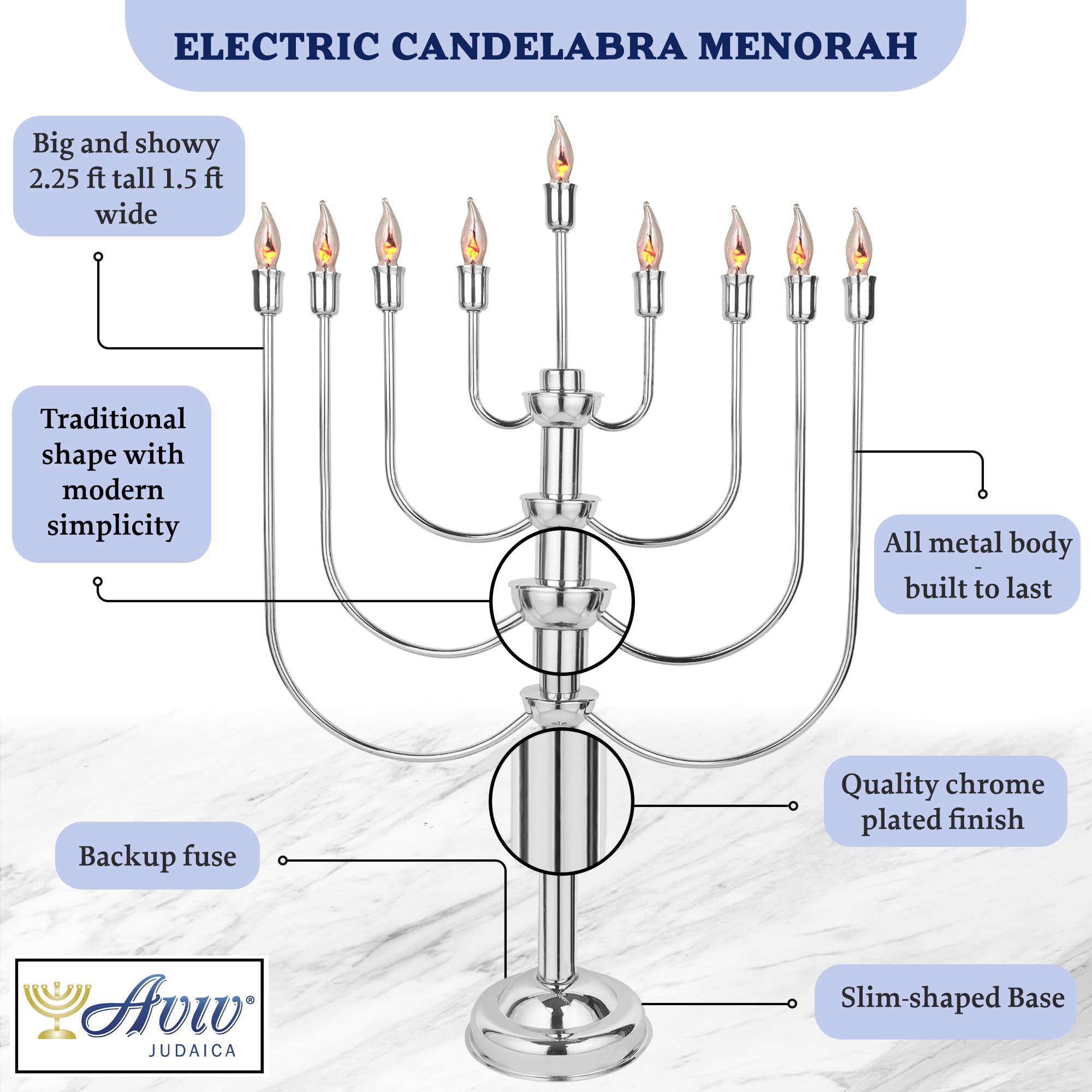 Large Electric Menorah for Hanukkah - 9-Branch Chrome Plated Hanukiah with Flickering LED Bulbs to Simulate Real Candles - Electronic Hanukkah Menorah for Home, Synagogue & Holiday Decorations