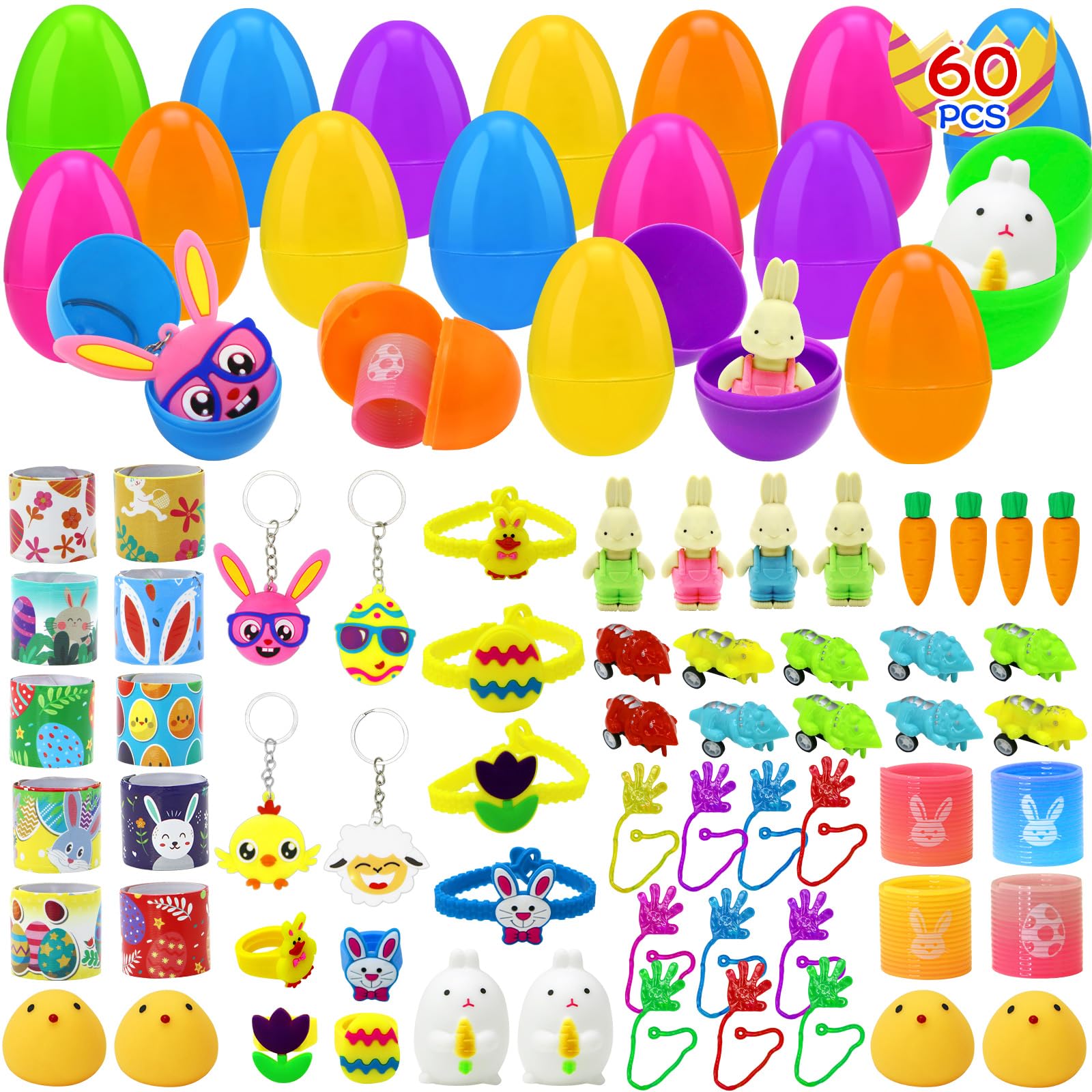 60 Pcs Prefilled Easter Eggs with Assorted Toys - Plastic Easter Eggs Filled with Fun Surprises for Easter Egg Hunts, Basket Stuffers & Party Favors - Perfect for Boys & Girls Easter Celebrations, Classroom Activities & Birthday Party Games