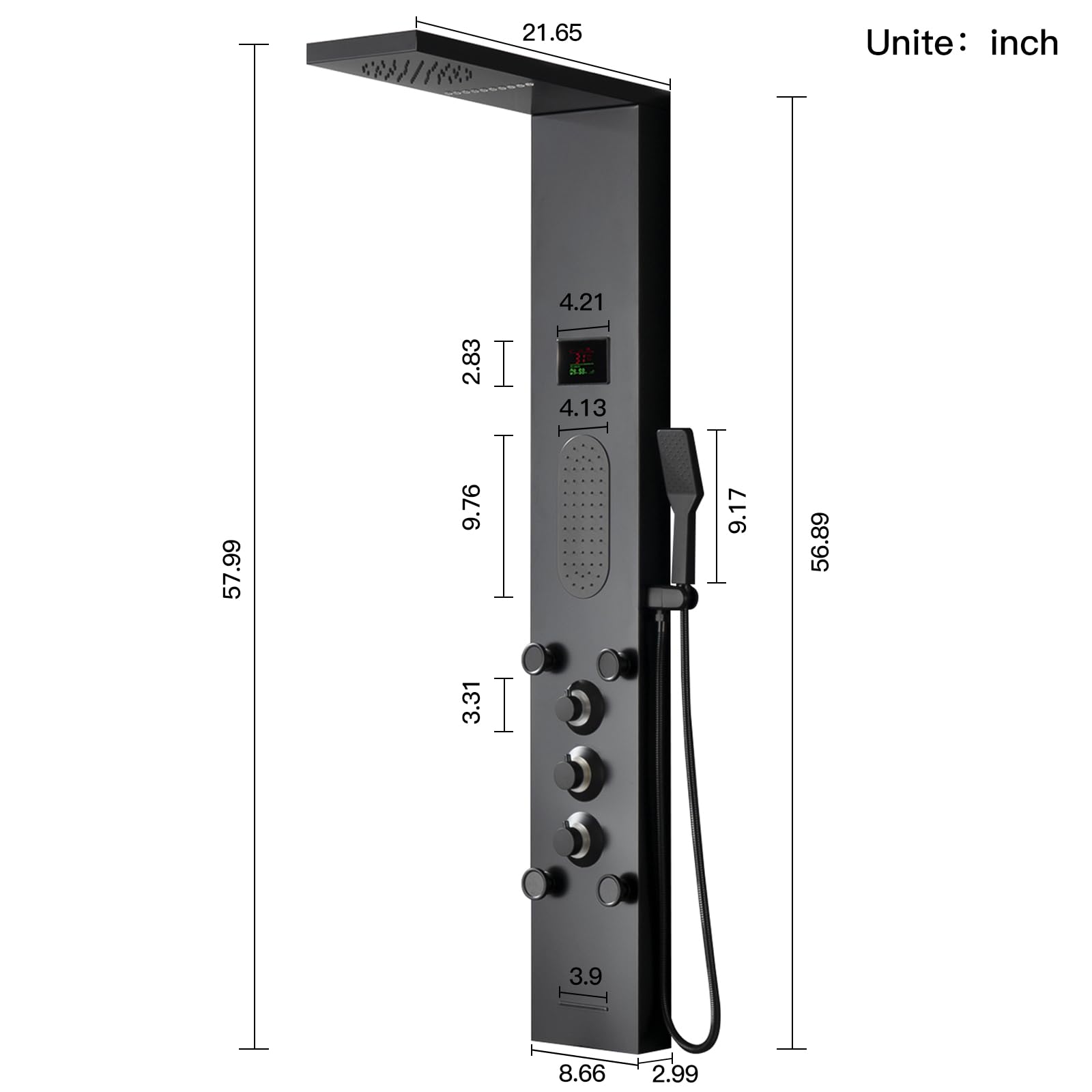 Black LED Shower Panel Tower System with LCD Temperature Display - Large Area Body Jet Massage Shower Fixtures, Adjustable Jets, Tub Spout & Hand Shower | Perfect for Modern Bathrooms, Spa-Like Experience at Home, Luxury Bathroom Upgrade