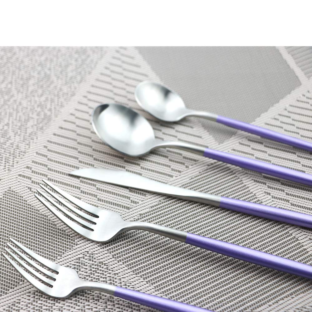 Premium 5-Piece Stainless Steel Flatware Set - 18/10 Rustproof Silverware for Home, Kitchen, Restaurant & Travel - Matte Finish with Purple Handle - Elegant Dining Utensils for Everyday Meals, Dinner Parties & Outdoor Picnics