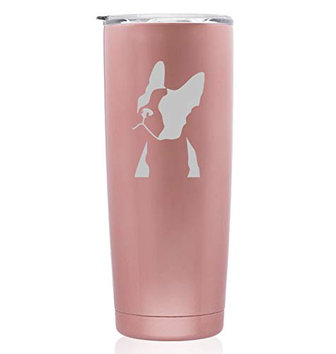 Rose Gold Double Wall Vacuum Insulated Stainless Steel Tumbler - 20oz Skinny Travel Mug with Boston Terrier Design - Keeps Drinks Hot/Cold for Hours - Perfect for Coffee, Tea, Work, Gym & Outdoor Activities