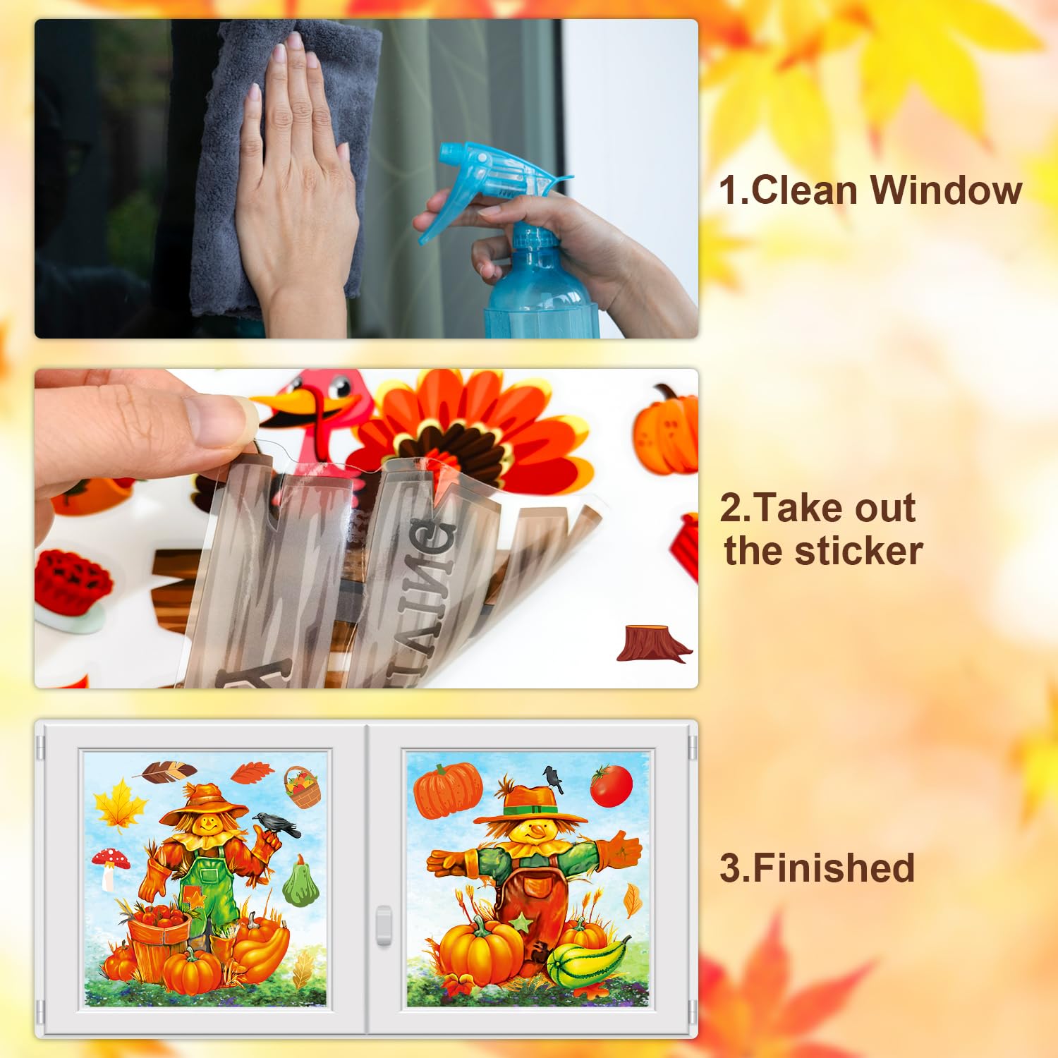 Thanksgiving Window Clings - 8 Sheets Autumn Window Stickers for Glass, Turkey Fall Decorations - Perfect for Home, Office, Classroom & Thanksgiving Party Decor