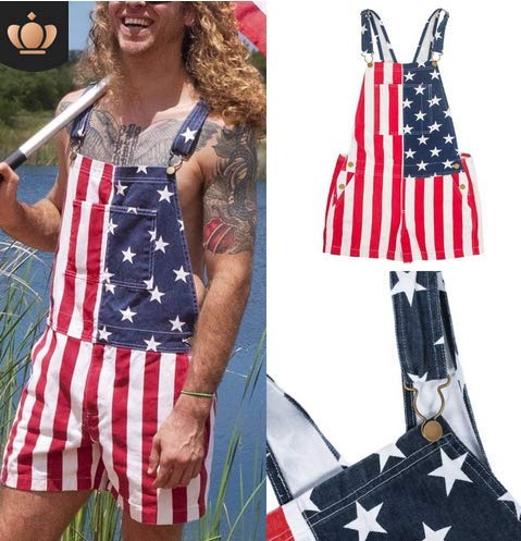 American Flag Denim Overalls Bib Shorts - Adjustable Strap Jumpsuit for Men & Women | Casual Workwear, Summer Outfits, Patriotic Style