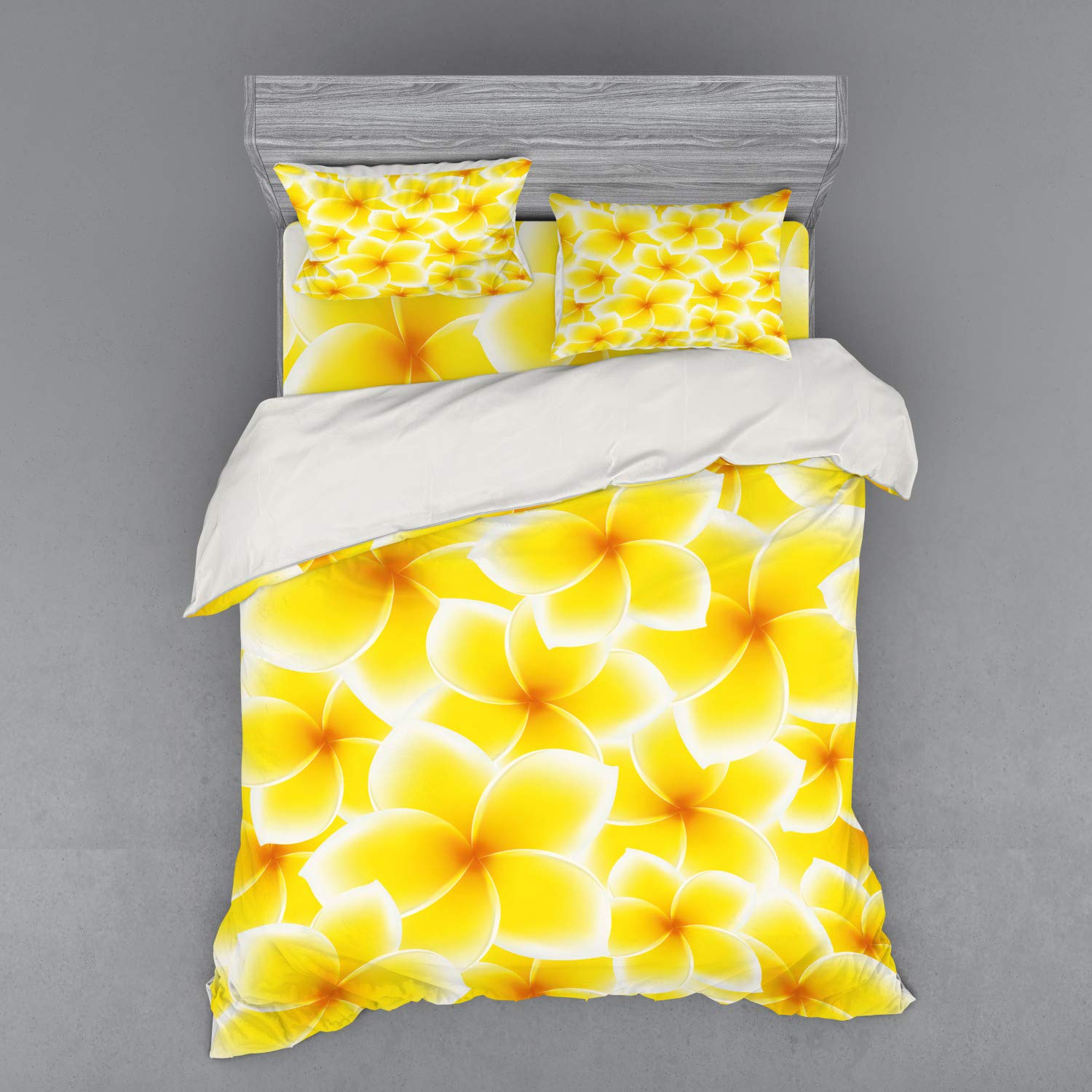 Ambesonne Yellow Duvet Cover Set - 4 Piece Hawaiian Plumeria Floral Bedding Set with Shams & Fitted Sheet, Queen Size, Yellow & White Tropical Design - Perfect for Beach House Decor, Guest Room, or Boho Chic Bedroom