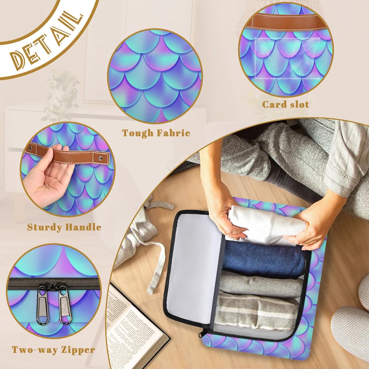Colorful Fish Scale Pattern Zippered Storage Bins - Foldable Fabric Closet Organizer with Handles (2-Pack) for Clothes, Blankets, Toys - Perfect for Bedroom, Nursery & Closet Organization
