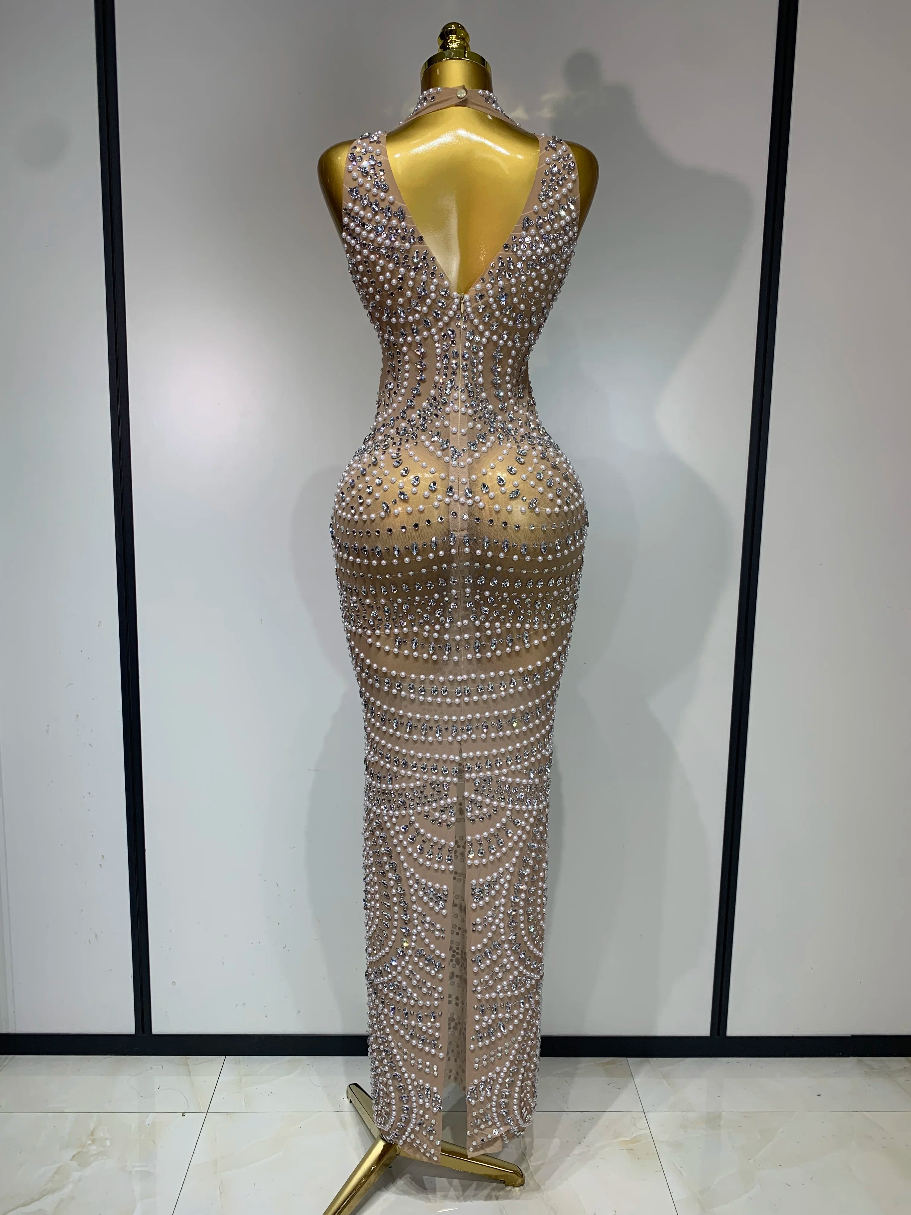 Elegant Sparkly Pearl Rhinestone Sleeveless Long Evening Dress for Women - Perfect for Birthday Party, Prom, Wedding & Luxury Photoshoot Outfits | Formal Gowns & Special Occasion Dresses