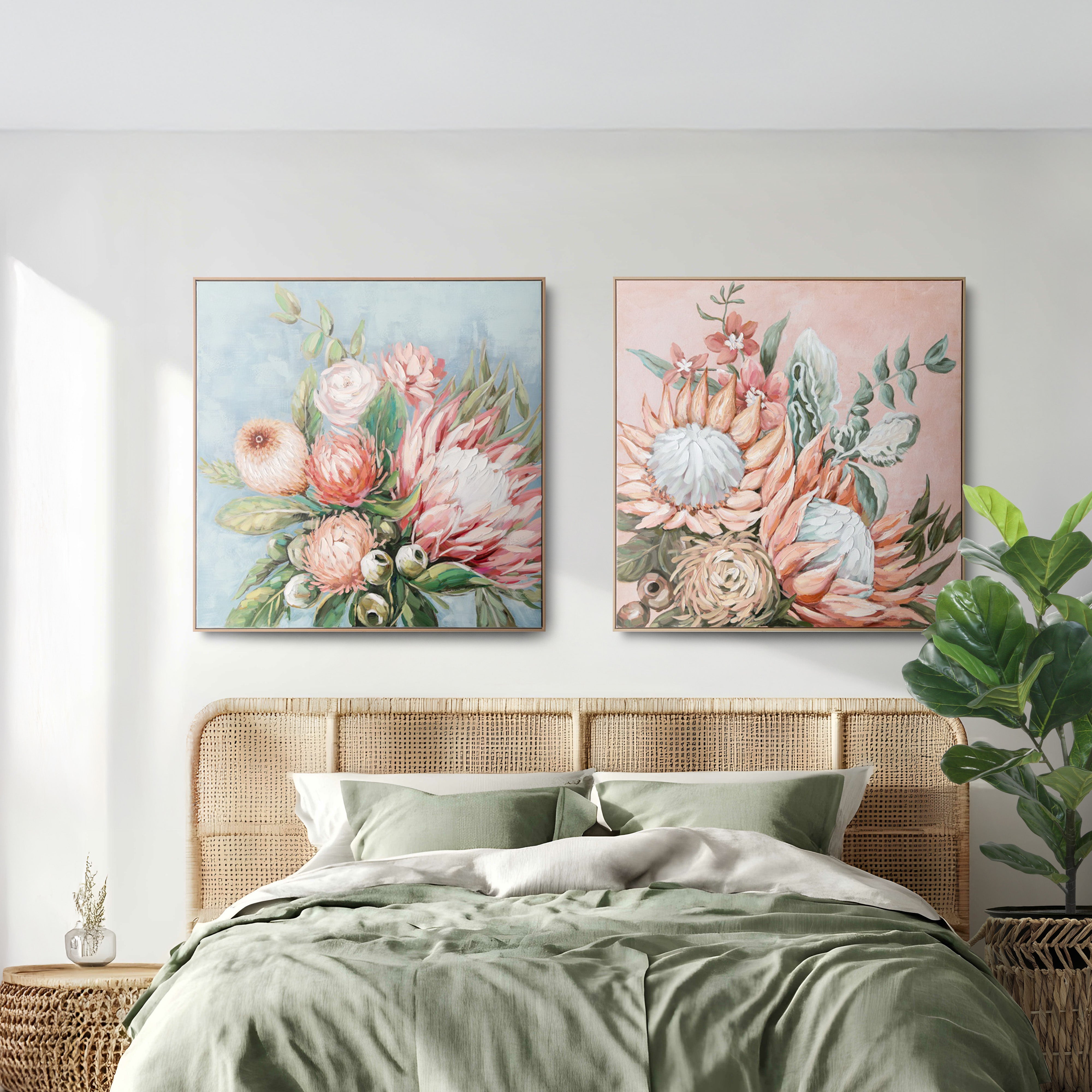 Urban Style Brushmarks Embellished Canvas Protea Pink - Modern Wall Art for Living Room, Bedroom & Office Decor