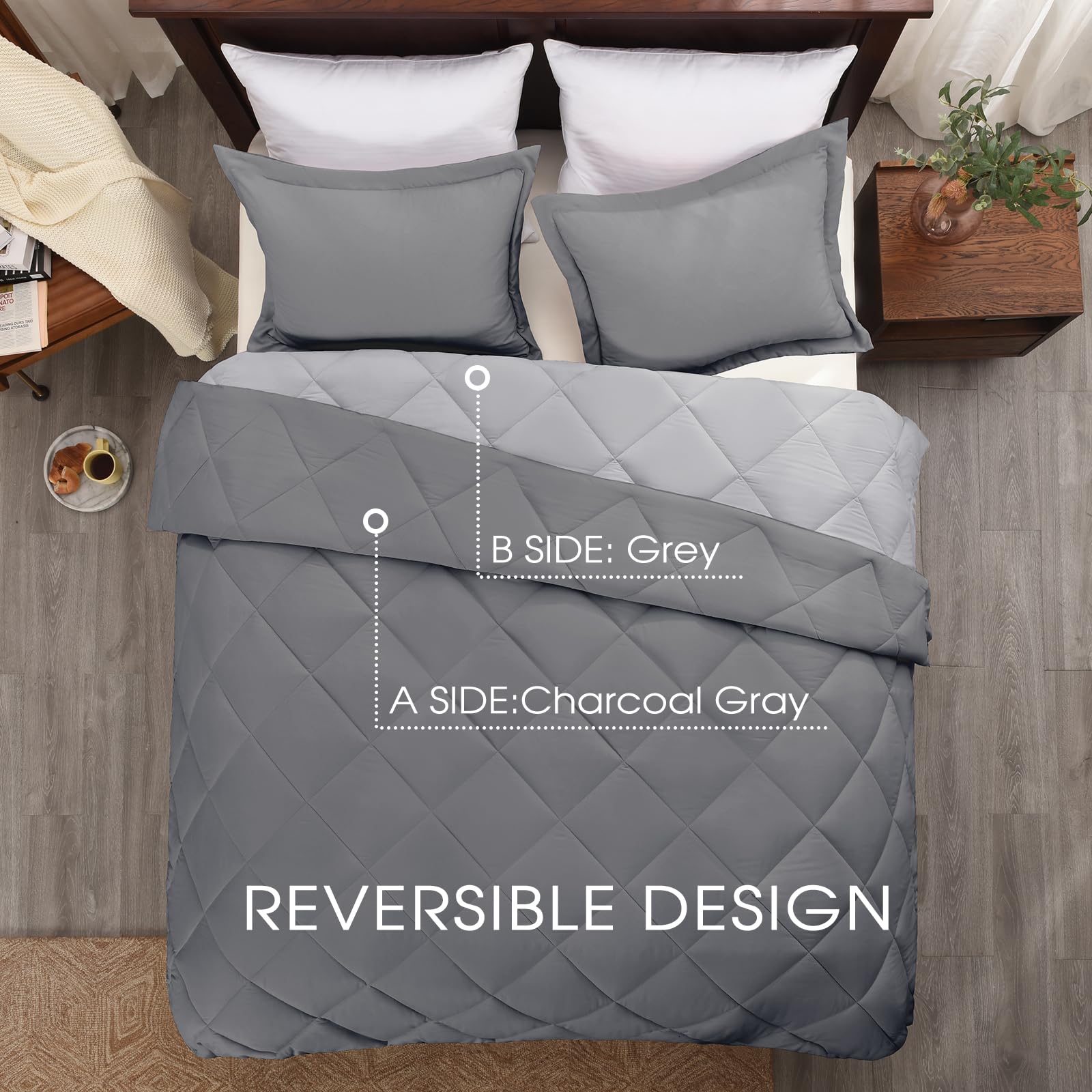 Premium King Size Comforter Set - All Seasons Reversible Grey & Charcoal Gray Bedding, 1 Comforter (104