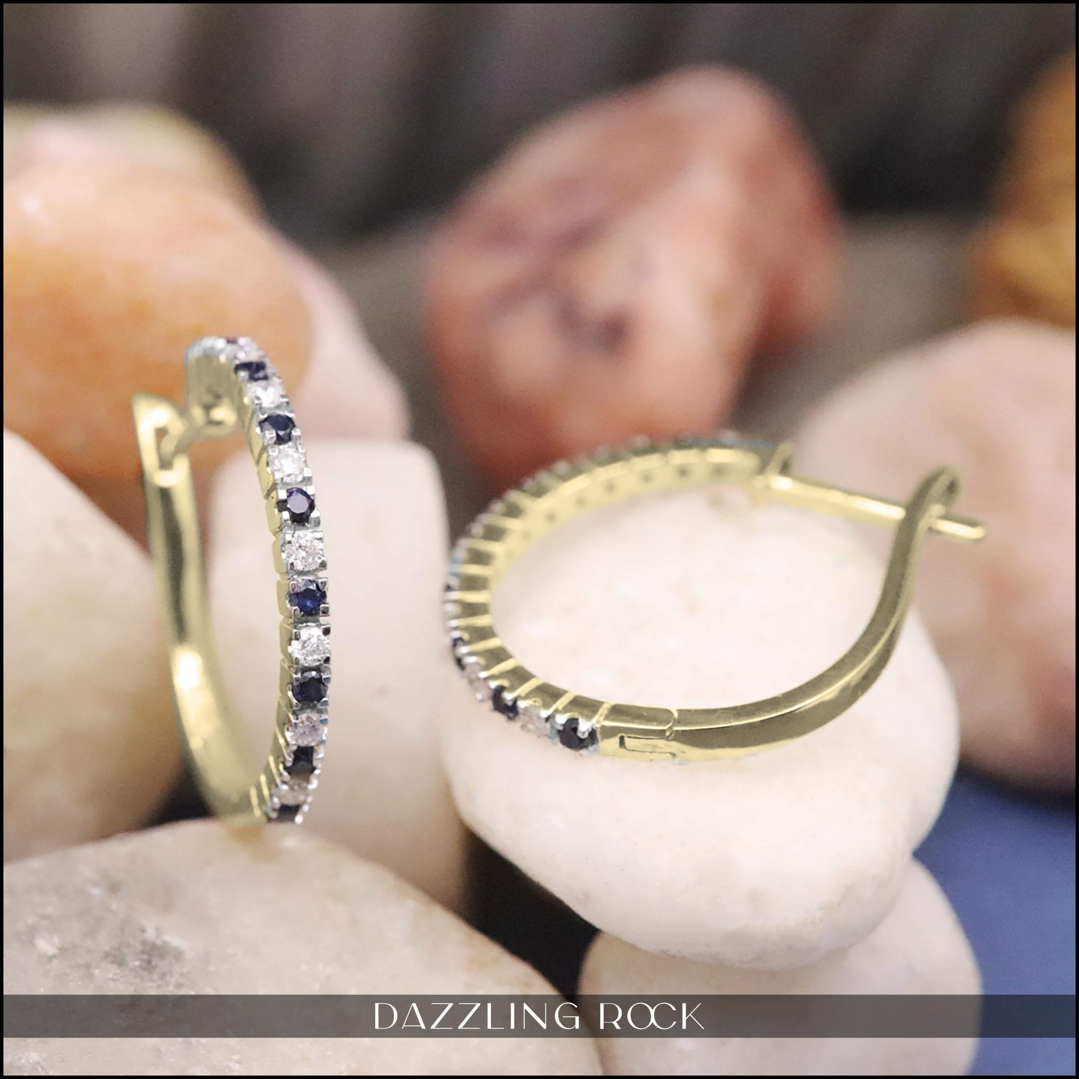 18K Solid Gold Round Blue Sapphire & White Diamond Huggie Hoop Earrings for Women | Dazzlingrock Collection | Perfect for Weddings, Parties & Everyday Elegance
