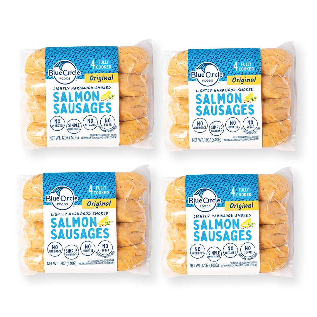 Blue Circle Foods Wild Caught Salmon Sausages | Sustainably Sourced, Fully Cooked, Lightly Hardwood Smoked (Original Flavor, 4 Packs / 16 Sausages) – Perfect for Camping, BBQs & Keto Diet Meals