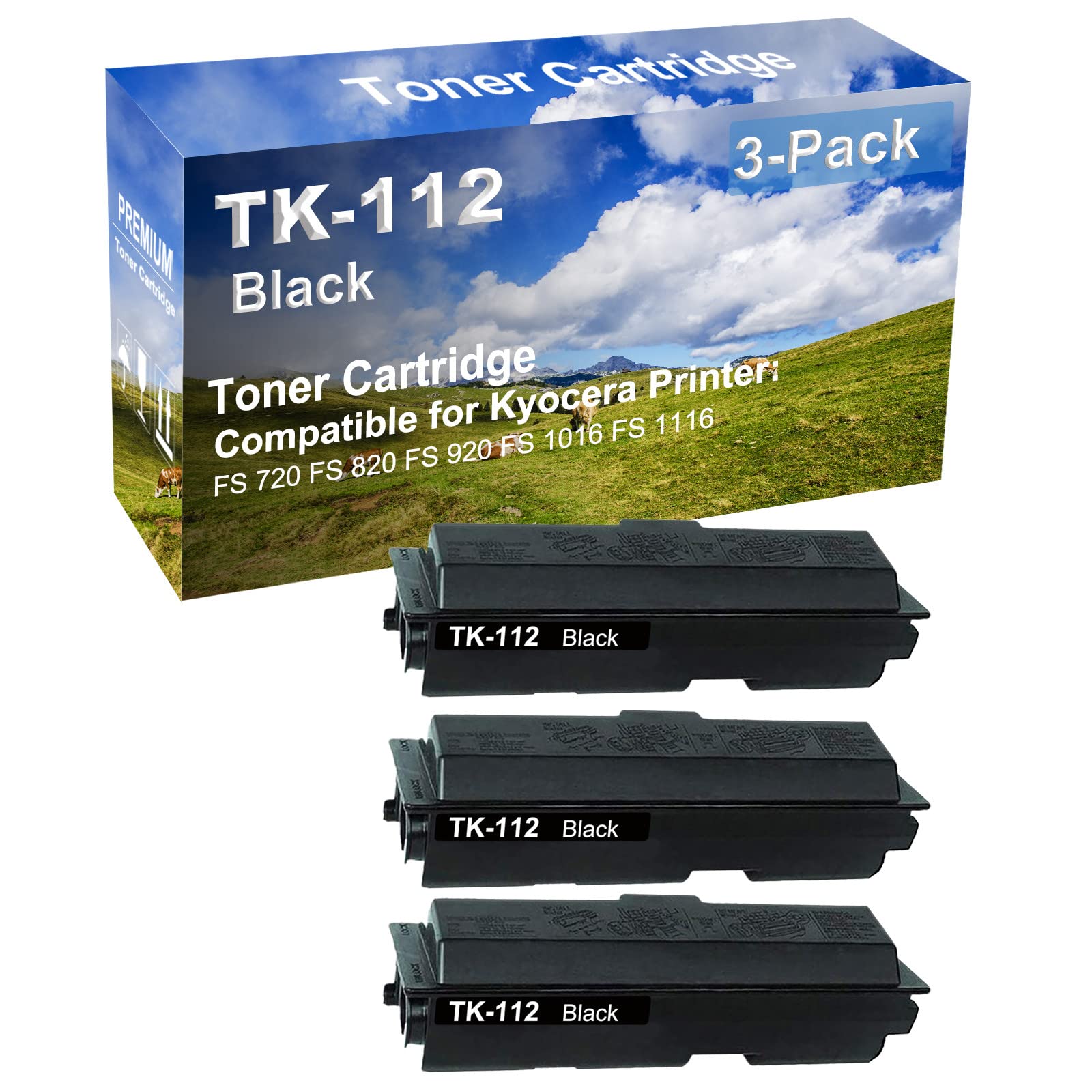 3-Pack High Capacity TK112 (TK-112) Compatible Toner Cartridge for Kyocera FS-720/FS-820/FS-920/FS-1016/FS-1116 Printers - Black Ink Replacement for Home & Office Printing Needs