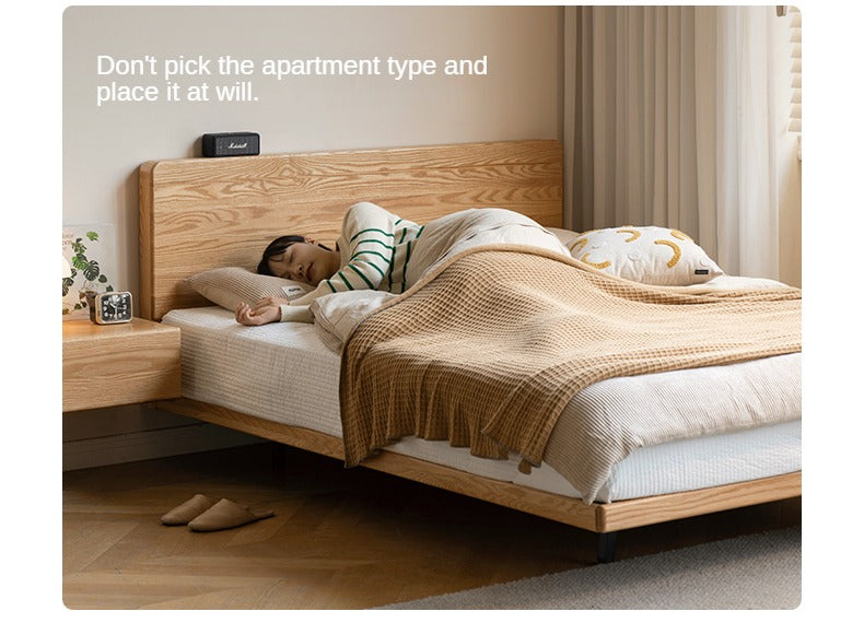 Oak Solid Wood Suspended Bed Frame - Queen Size Floating Platform Bed with Headboard - Modern Minimalist Bedroom Furniture for Loft, Apartment & Small Spaces