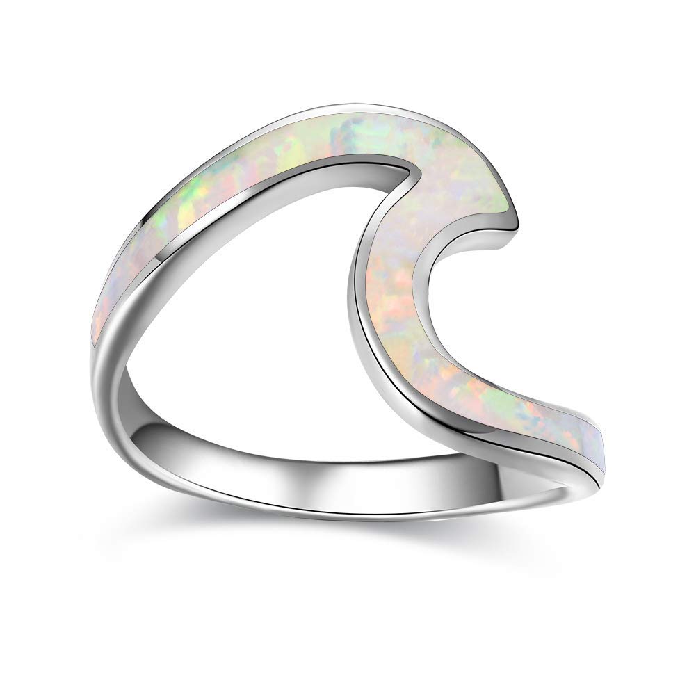 Bamos Sterling Silver Wave Ring with Created Opal - Dainty Boho Jewelry for Women & Teen Girls (Sizes 5-10) | Perfect for Everyday Wear, Gift Giving & Special Occasions