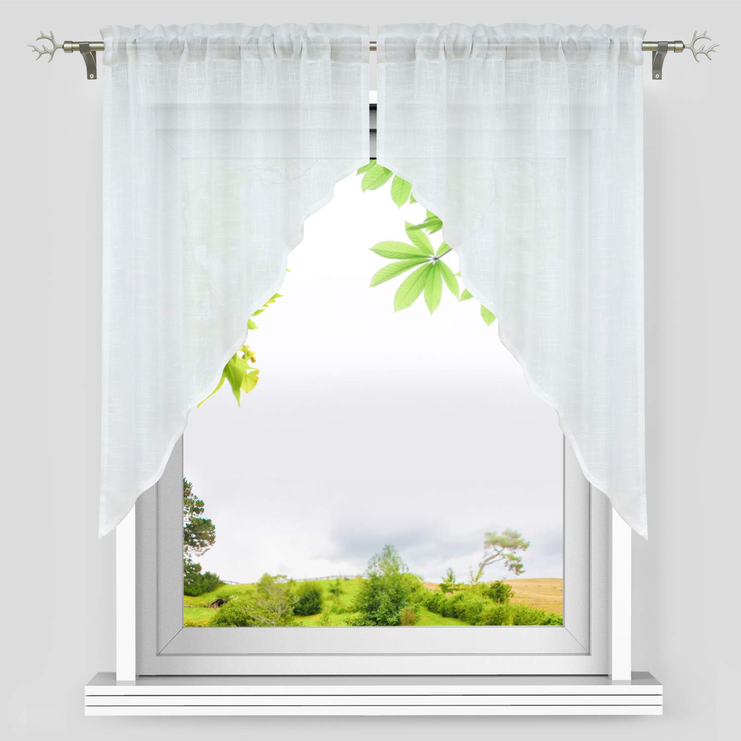 Sheer Linen Textured Swag Curtains with Rod Pocket - 36 Inch Length Kitchen Valance Window Panels (Set of 2, White, W36 x L36) - Perfect for Small Windows, Kitchens, and Cozy Home Decor