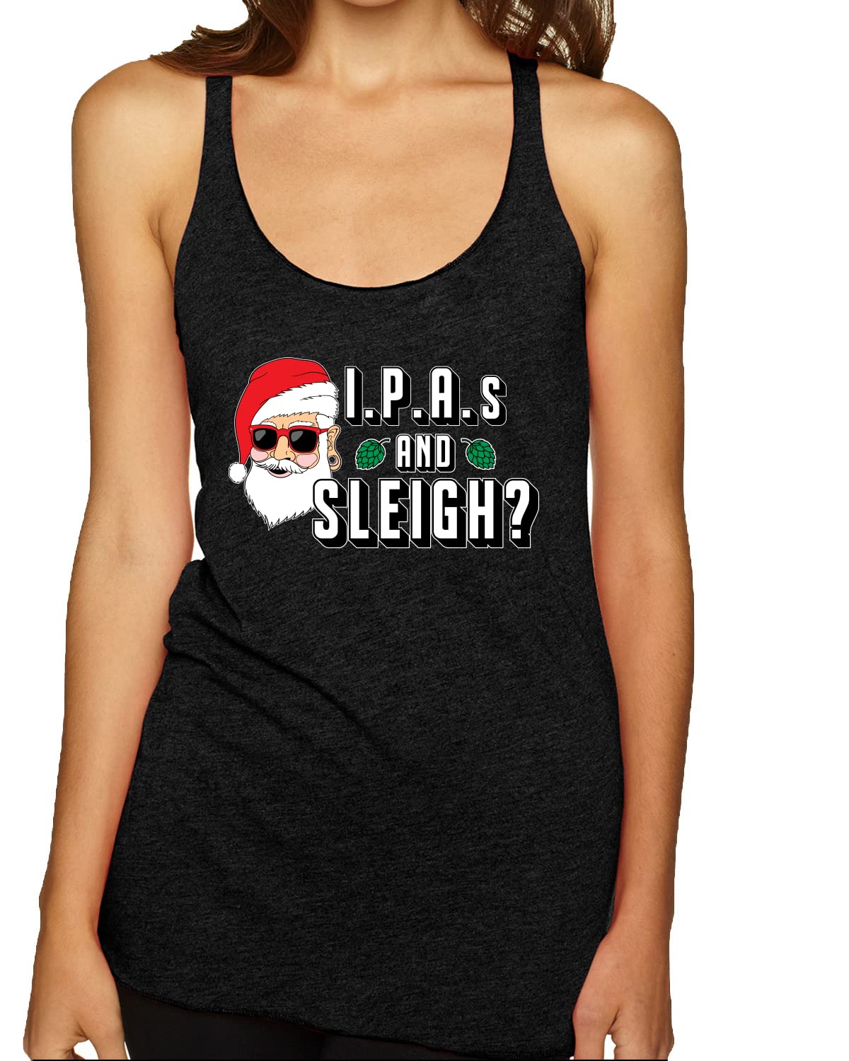 Trendy Santa IPA & Sleigh Print Christmas Tri-Blend Racerback Tank Top for Women - Festive Holiday Party Outfit & Gift Idea